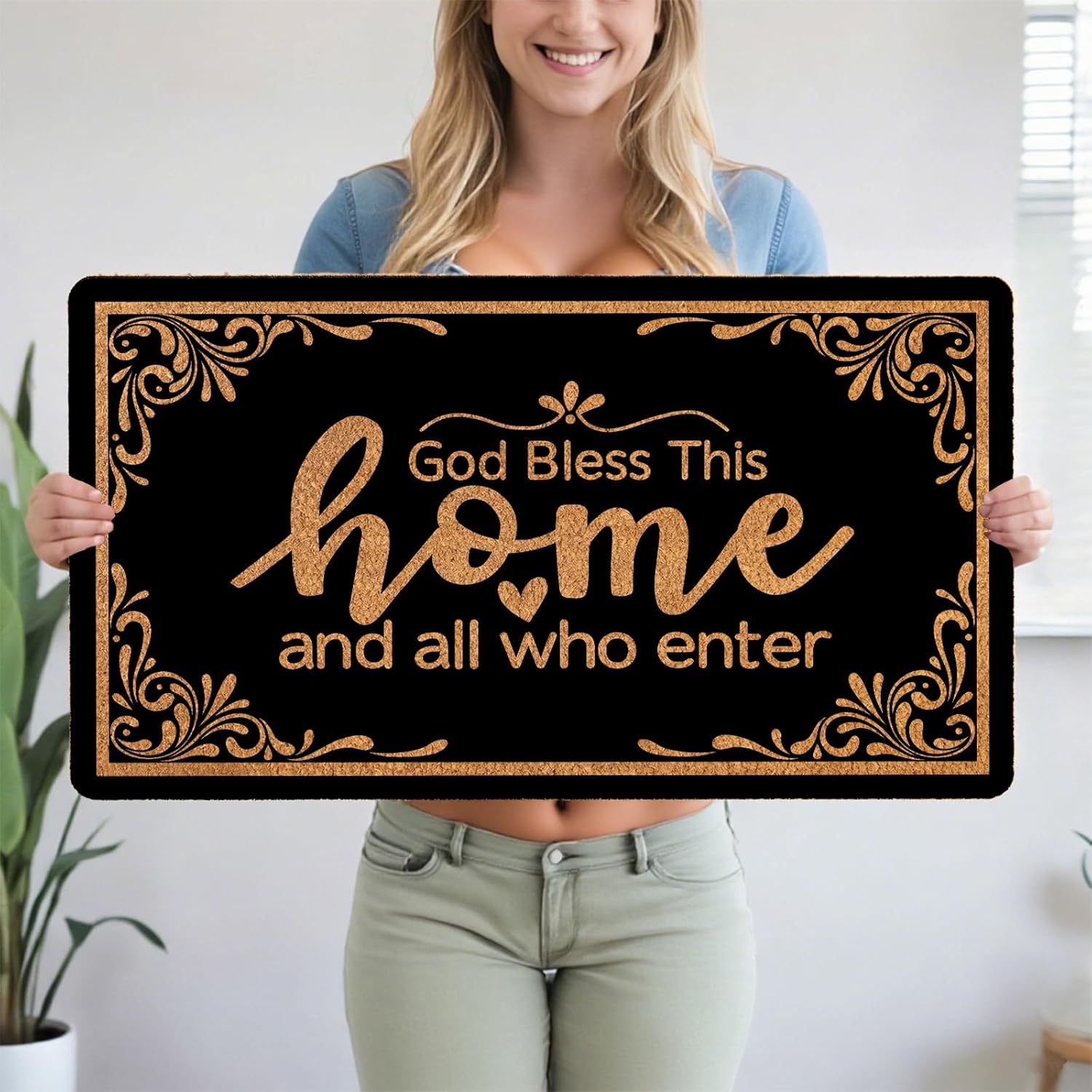 Bless This Home Doormat - Christian Funny Welcome Mat with Non-Slip Waterproof Back, Large 17x30 Inch for Front Door & Office Entrance, Black Faith-Based Indoor Outdoor Rug