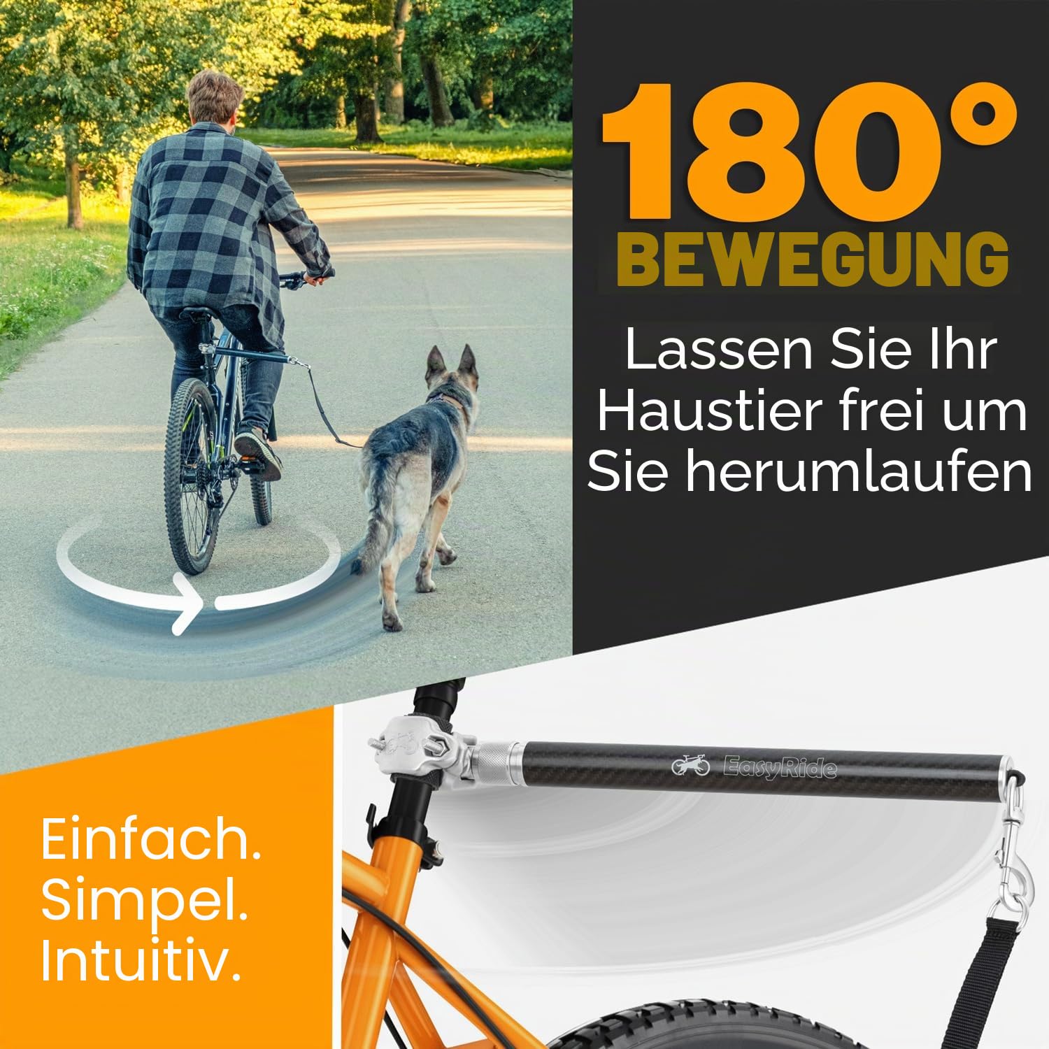 Freihandleinen für Hunde -180° drehbare Hunde Fahrradleine - mit Stoßdämpfern und Schnell Befestigungsmechanismus (Schwarz)