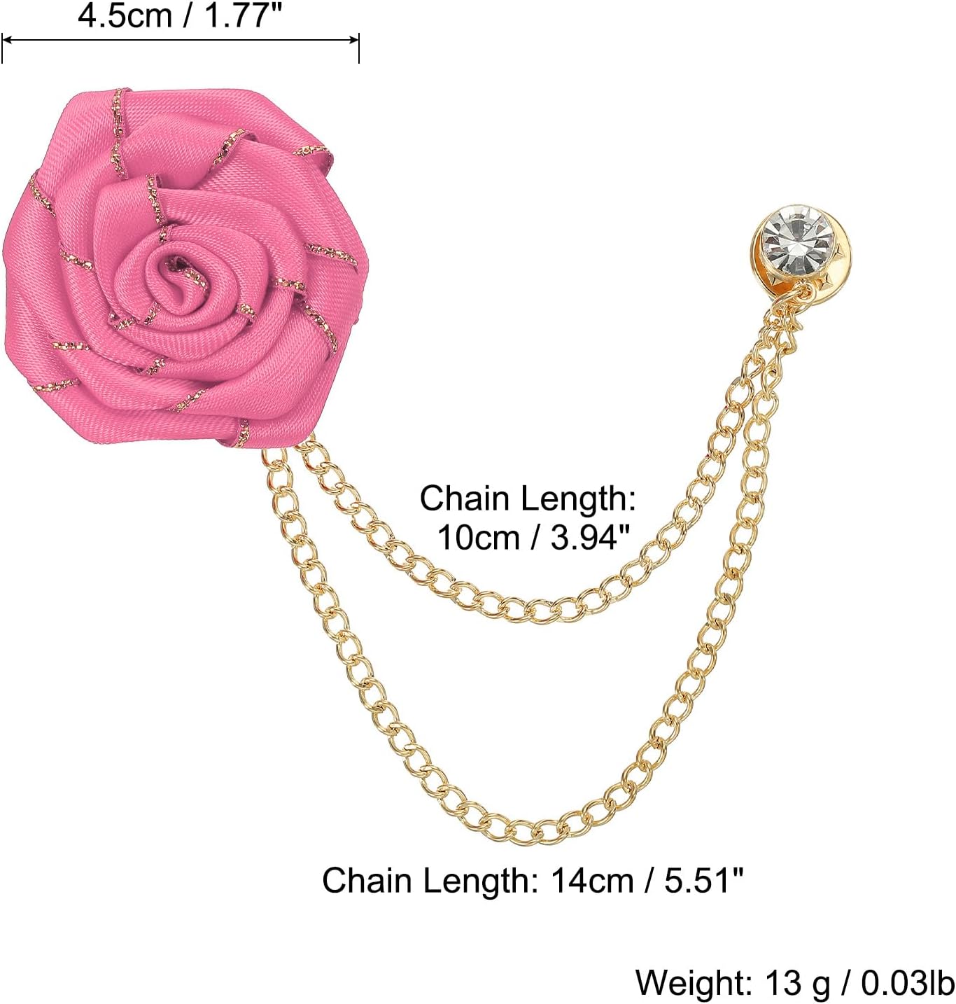 MECCANIXITY Bridegroom Brooches Rose Flower Size Cloth Alloy Lapel Pin with Tassel Chain/Suit Stud/Gold Trim for Wedding Men' Suit Accessories