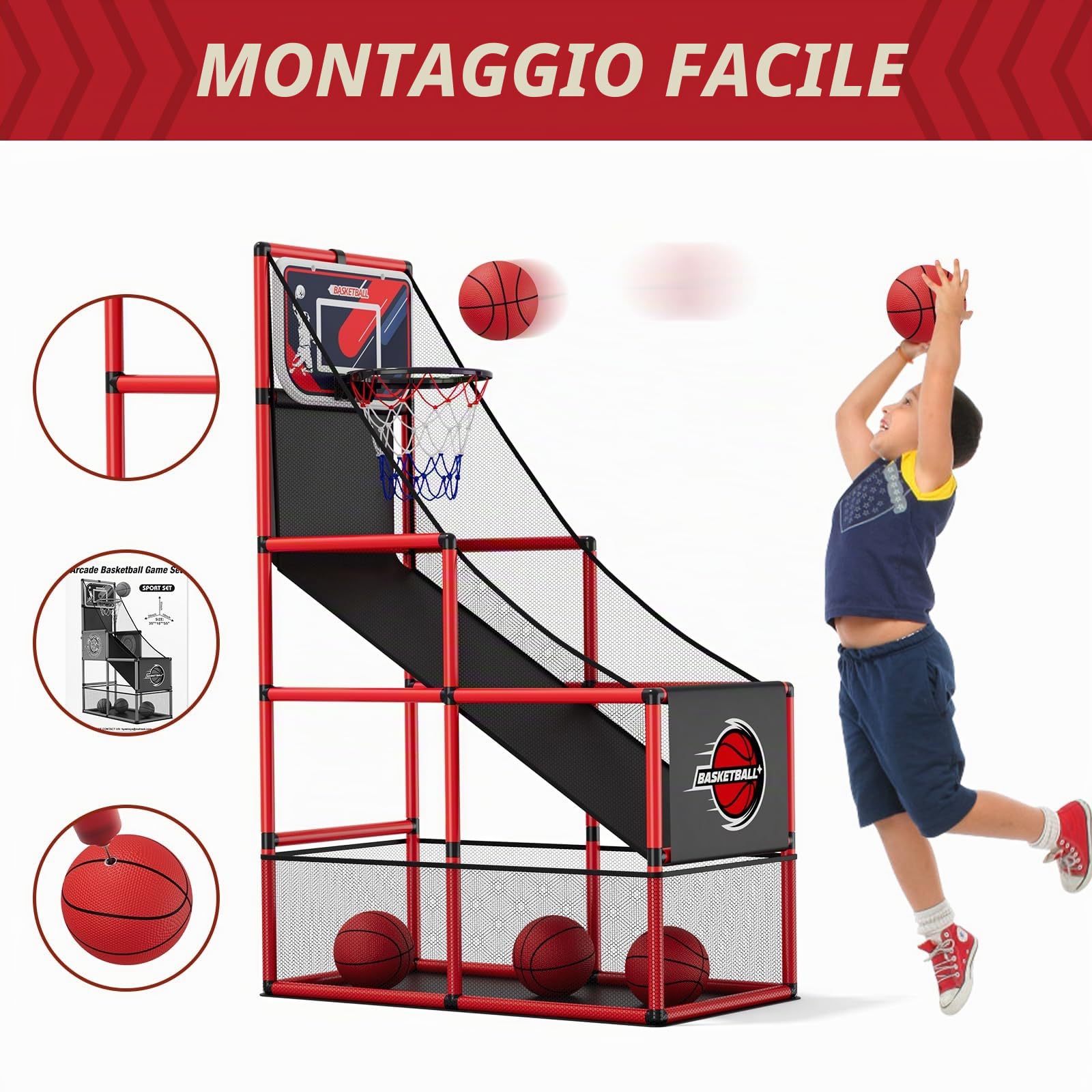 HYES Basketball Arcade Gioco per Bambini, Canestro Basket da Camera con 4 Palle e Pompa, Gioco di Pallacanestro Singolo Tiro, Giochi di Carnevale Giocattoli Regali per Ragazzi Ragazze Teens Età 3-12