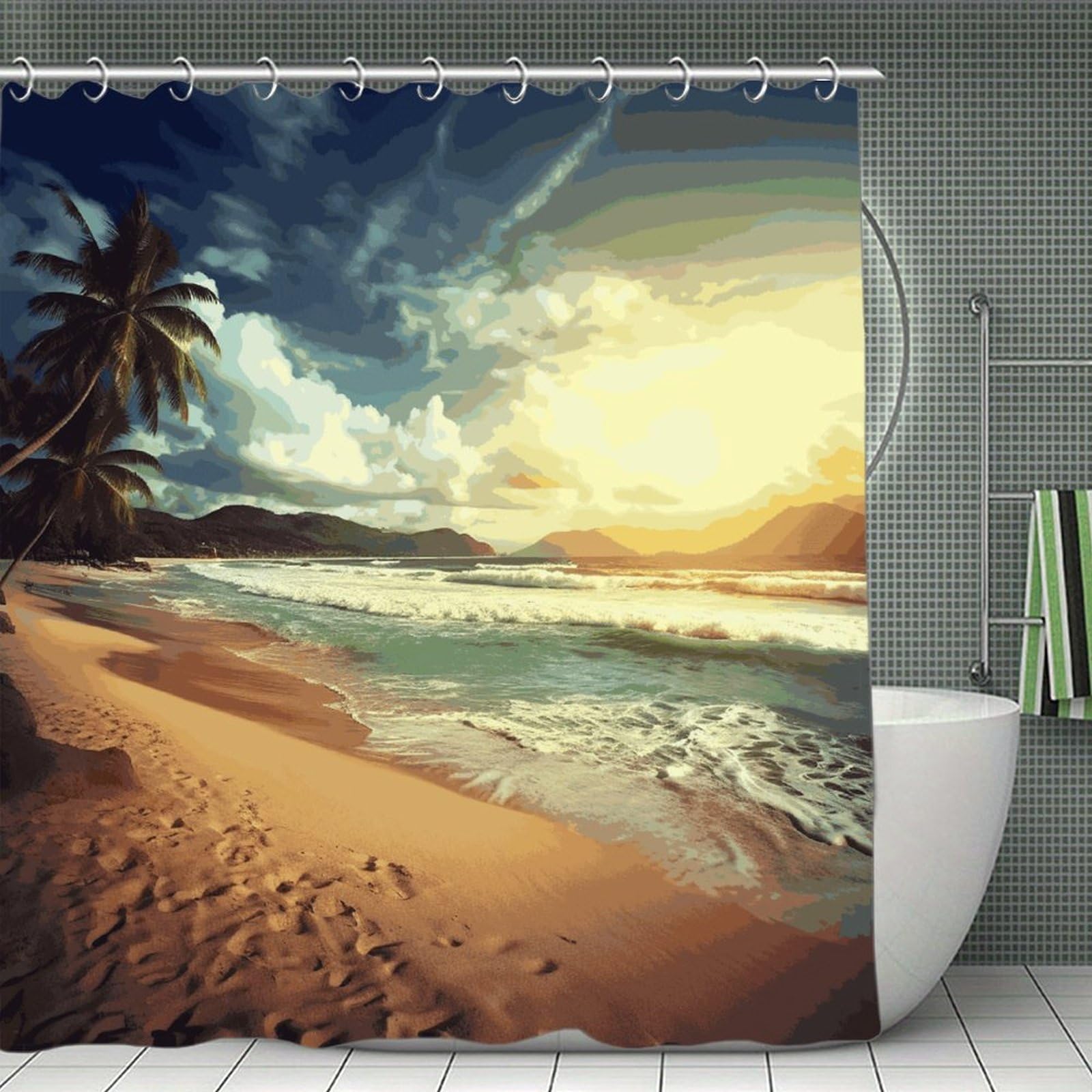 FekiLoot Sunset on The Beach Shower Curtain Minimalist Thick Bathroom Curtain Washable Modern Bathroom Shower Curtain Heavy Duty Waterproof Cloth Bath Curtain with Hooks 70.8"x70.8"