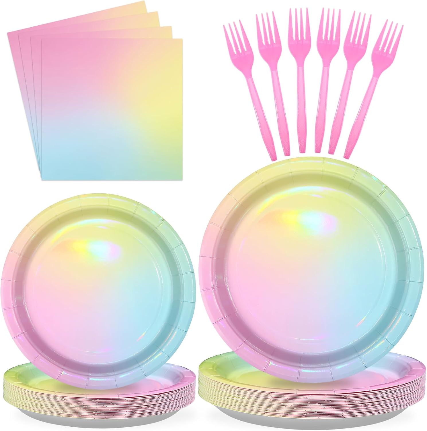 96Pcs Pastel Rainbow Birthday Party Supplies Iridescent Pastel Plates and Napkins Tableware Sets Rainbow Party Decorations for Girls Baby Shower Sprinkle Valentine's Day Party Favors Serves 24