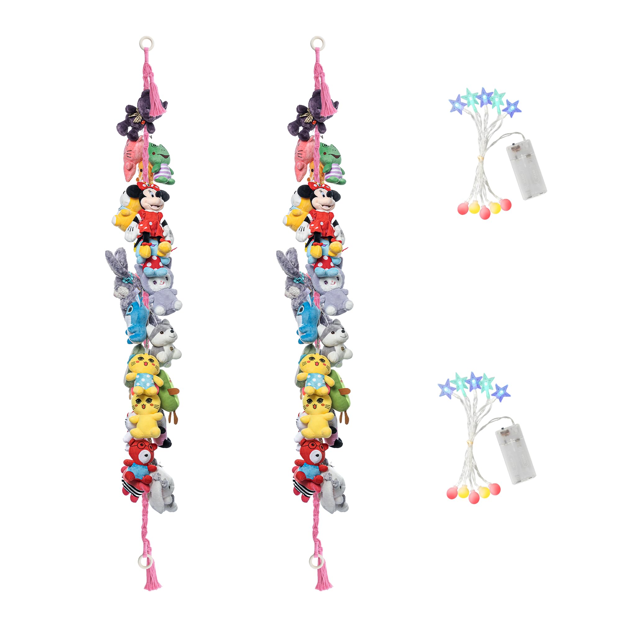 2PCS Stuffed Animals Storage Chain Organizers 80" Cotton Hanging Storage Chain with 2 Pcs Led Light, 40 Metal Clips Stuffed Animal Display Holder Chain for Nursery Play Room (Pink)