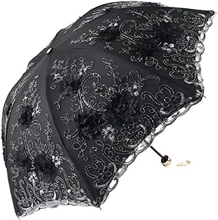 Japsom Foldable Lace Sun Parasol UPF 50+ UV Protection Flower Embroidery Vintage Umbrella 8831 Black
