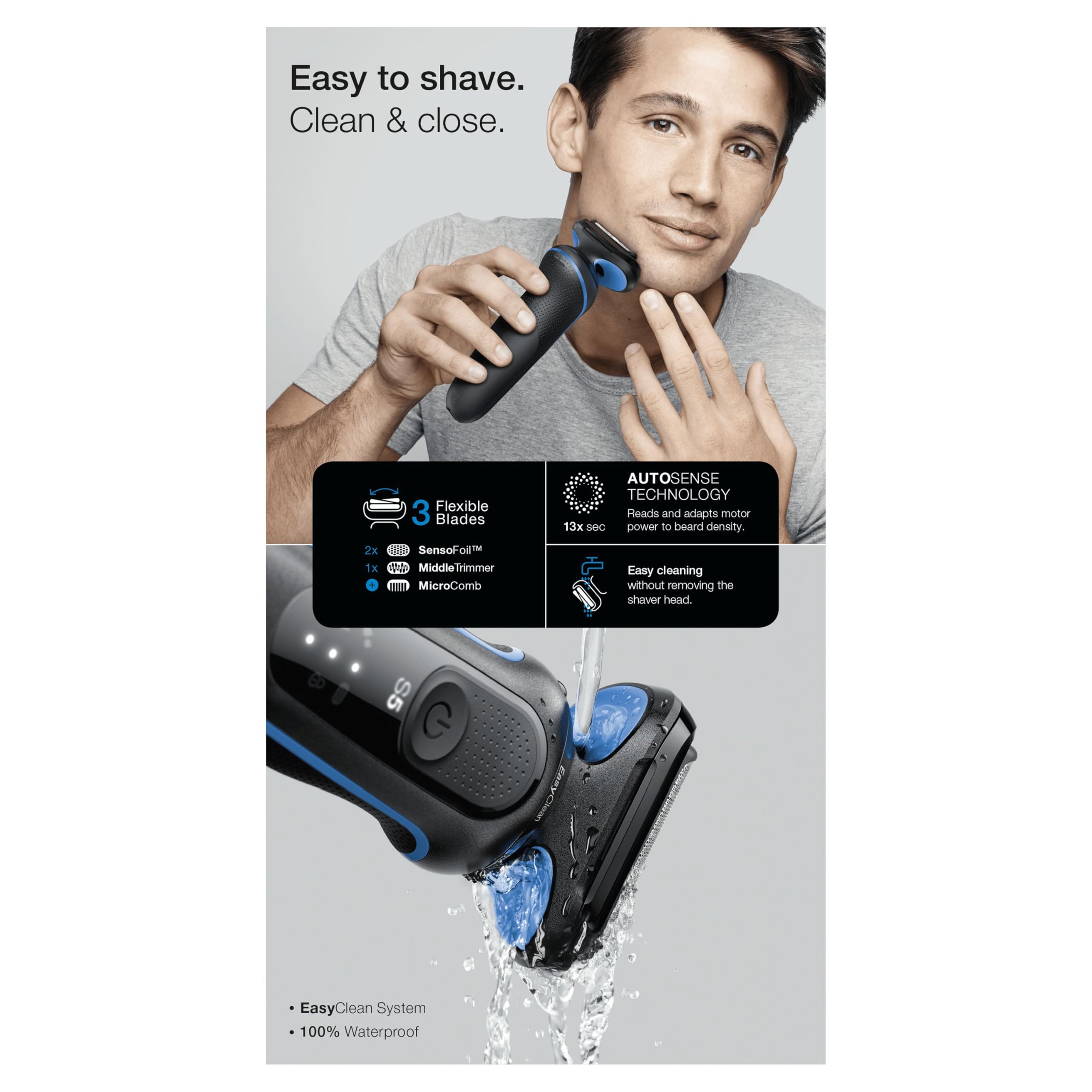 Braun Rasoir Electrique Homme Series 5 51-B1000s, Bleu, Etanche, A Grille Et Sans Fil, 3 Lames Flexibles Pour Bien Raser La Barbe Et Le Visage, Coffret De Rasage Avec Chargeur Intelligent