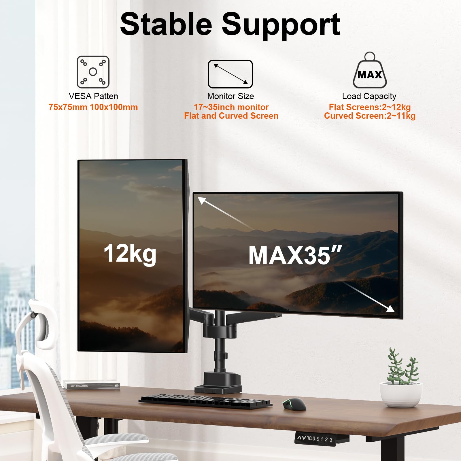 Support Écran PC 2 Écran pour 17'' à 35'', PUTORSEN Ecran PC 2 ecran, Bras Réglable en Hauteur Bras Double avec Incline Pivote et Tourne, Capacité de Charge 12kg, VESA 75 et 100mm
