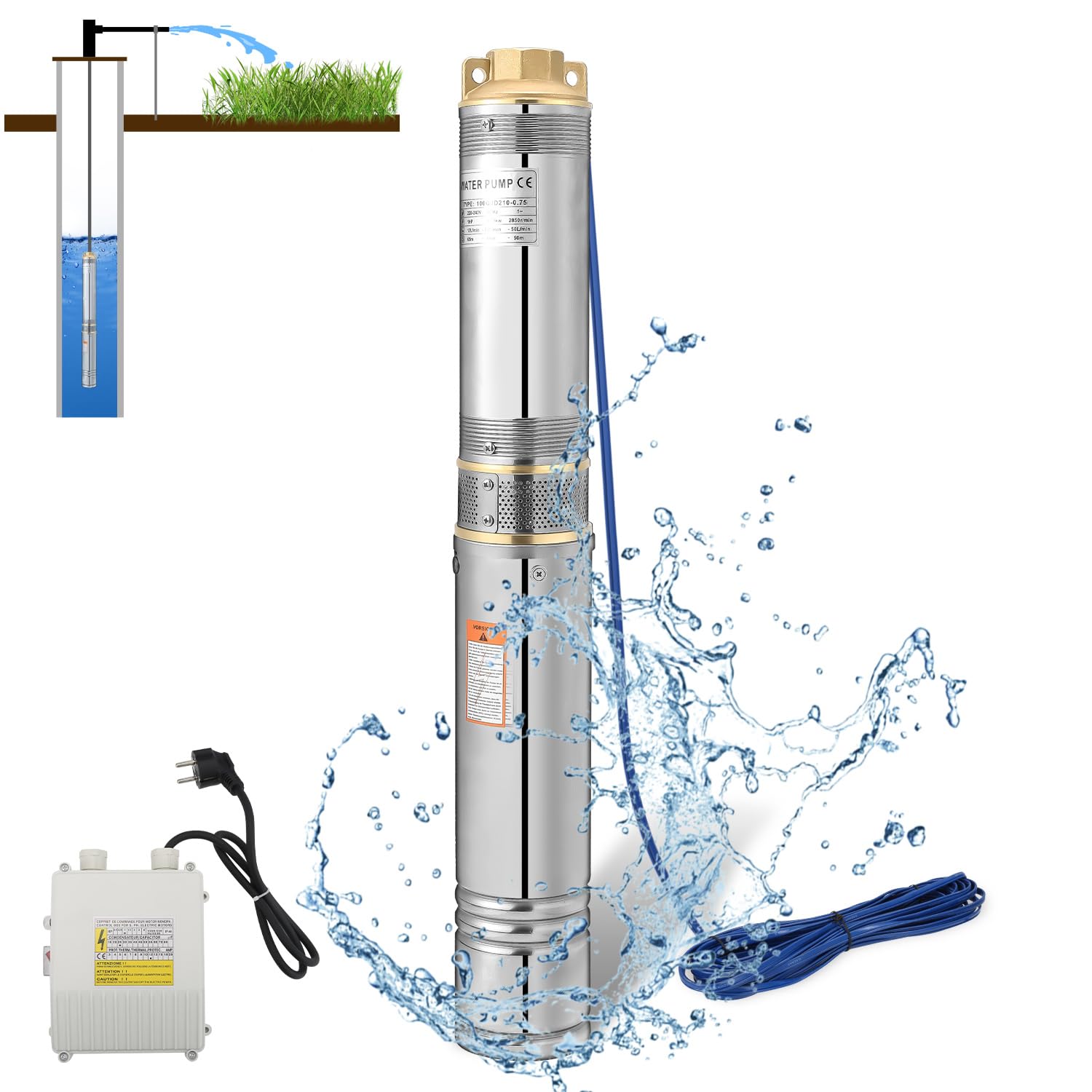 Herrselsam Bomba para pozos profundos, 370W 4000L/h Bomba sumergible de acero, bomba de agua sumergida compatible con arena con cable de conexión y caja de control, 3,4 bar máx