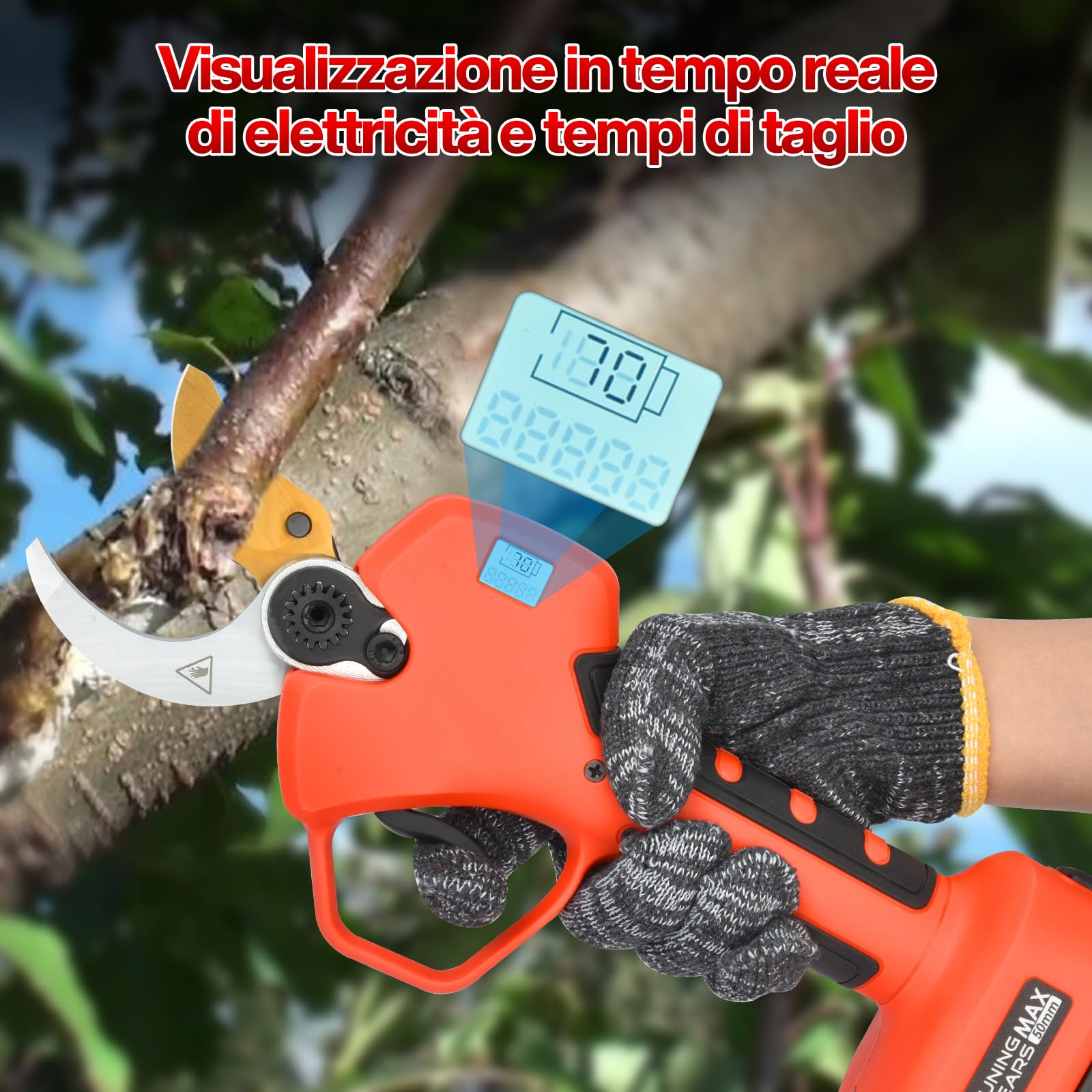 Forbici Potatura a Batteria 50mm 2 x 2000 mAh Brushless 800W | Forbici Elettriche Lama SK5 Schermo LCD Cesoie Elettriche Professionali Regolabile 30-50mm per Potatura Giardino Olivo Ulivo