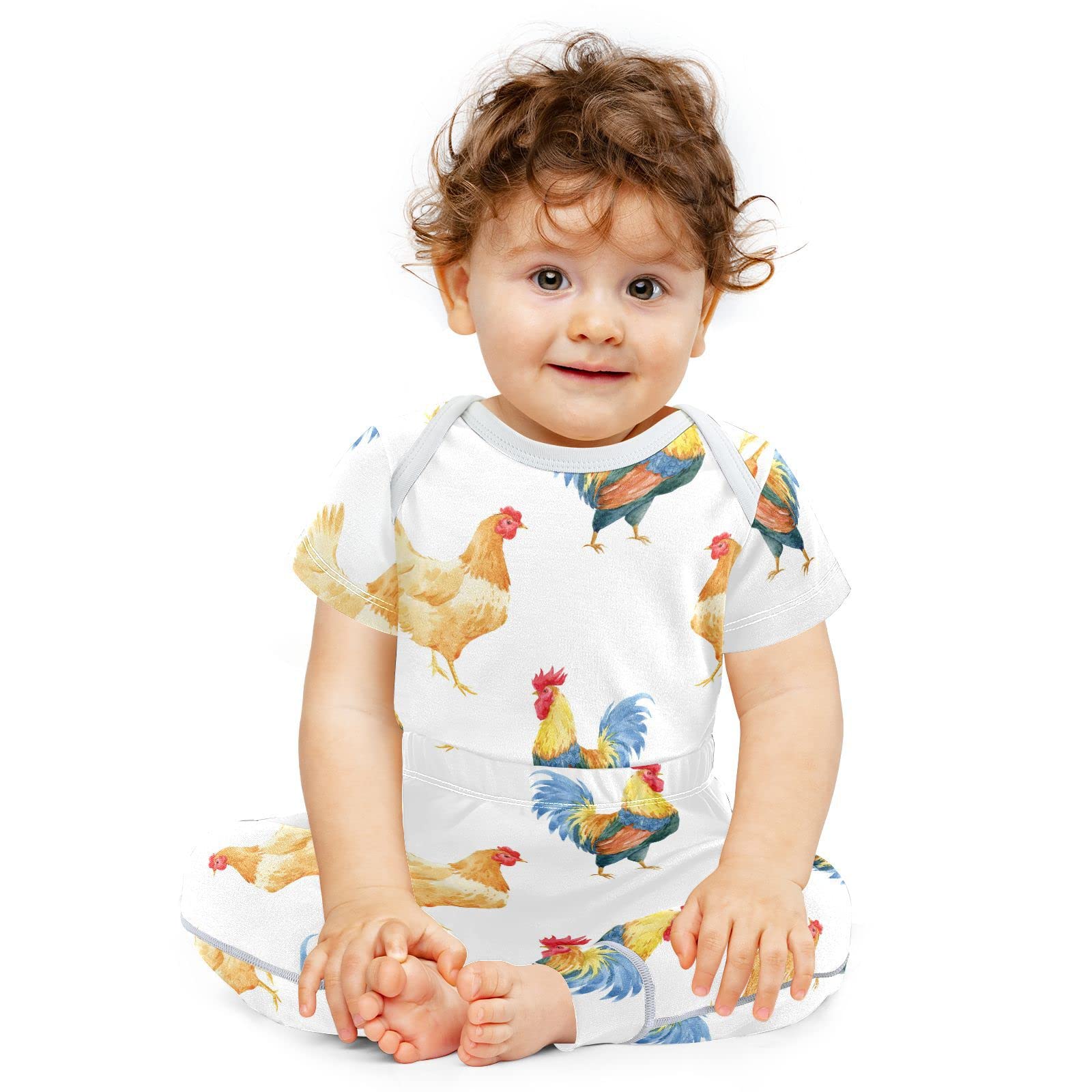 vvfelixl Baby Bodysuits Pants Sets Chickens Rooster Short Sleeve Baby Clothes For Boys Girls 0-3 Months White