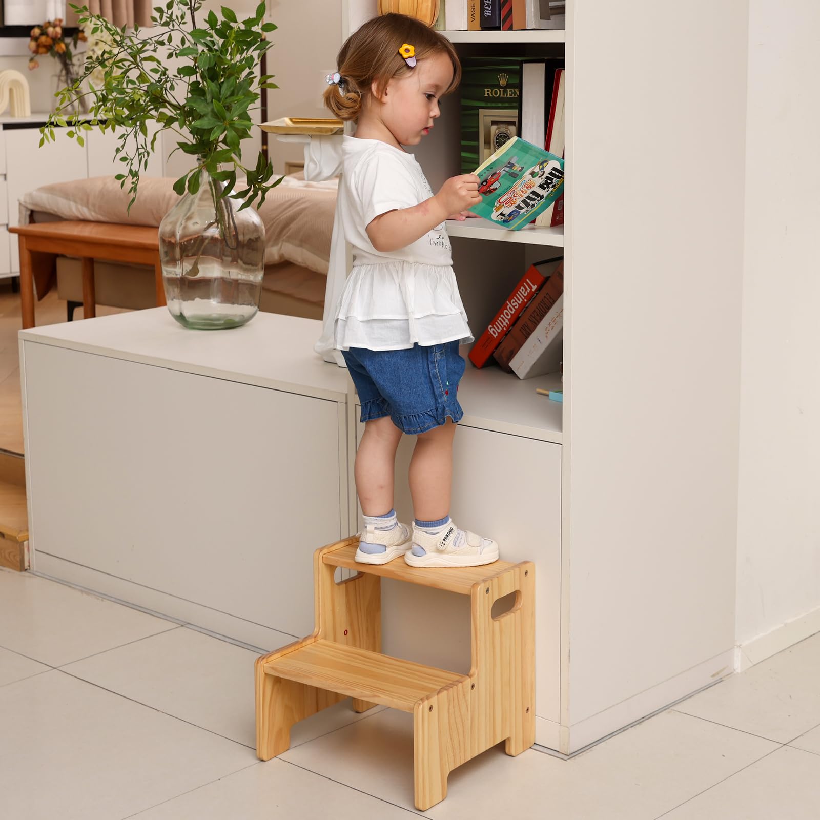 Wiifo Holz-Tritthocker, zweistufiger Hocker für Kinder, Montessori-Hocker für Kleinkinder, unterstützt 136 kg, für Badezimmer, Waschbecken, Toilette, Küche, Bett, Natur