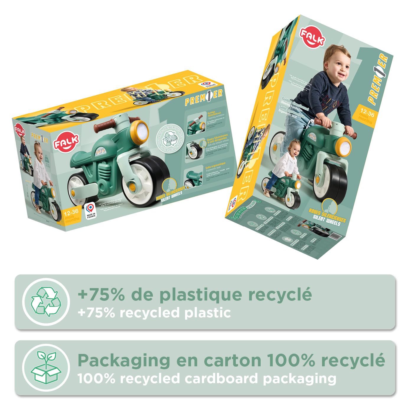 FALK - Draisienne Moto Prem1er - Verde - Ruote extra larghe e silenziose - Manubrio direzionale - Look Vintage - Contiene almeno il 75% di plastica riciclata - Made in France - Da 12 mesi - 451S | Ruote extra larghe e silenziose, contiene almeno il 75% di