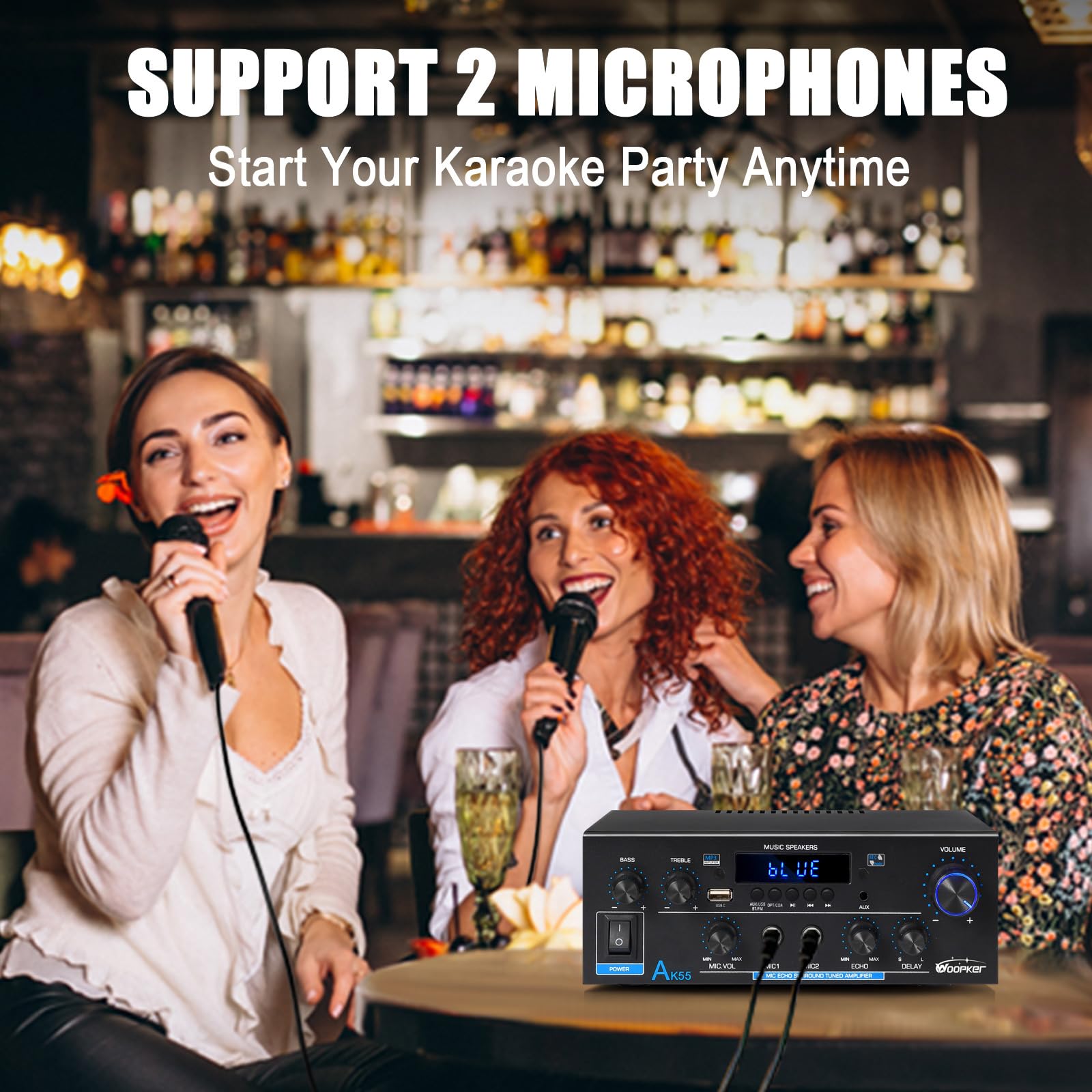 WOOPKER AK55 HiFi Verstärker Stereo Receiver 600W 2.0 Kanal Bluetooth UKW-Radio Opt AUX RCA USB 2 Mic Eingänge