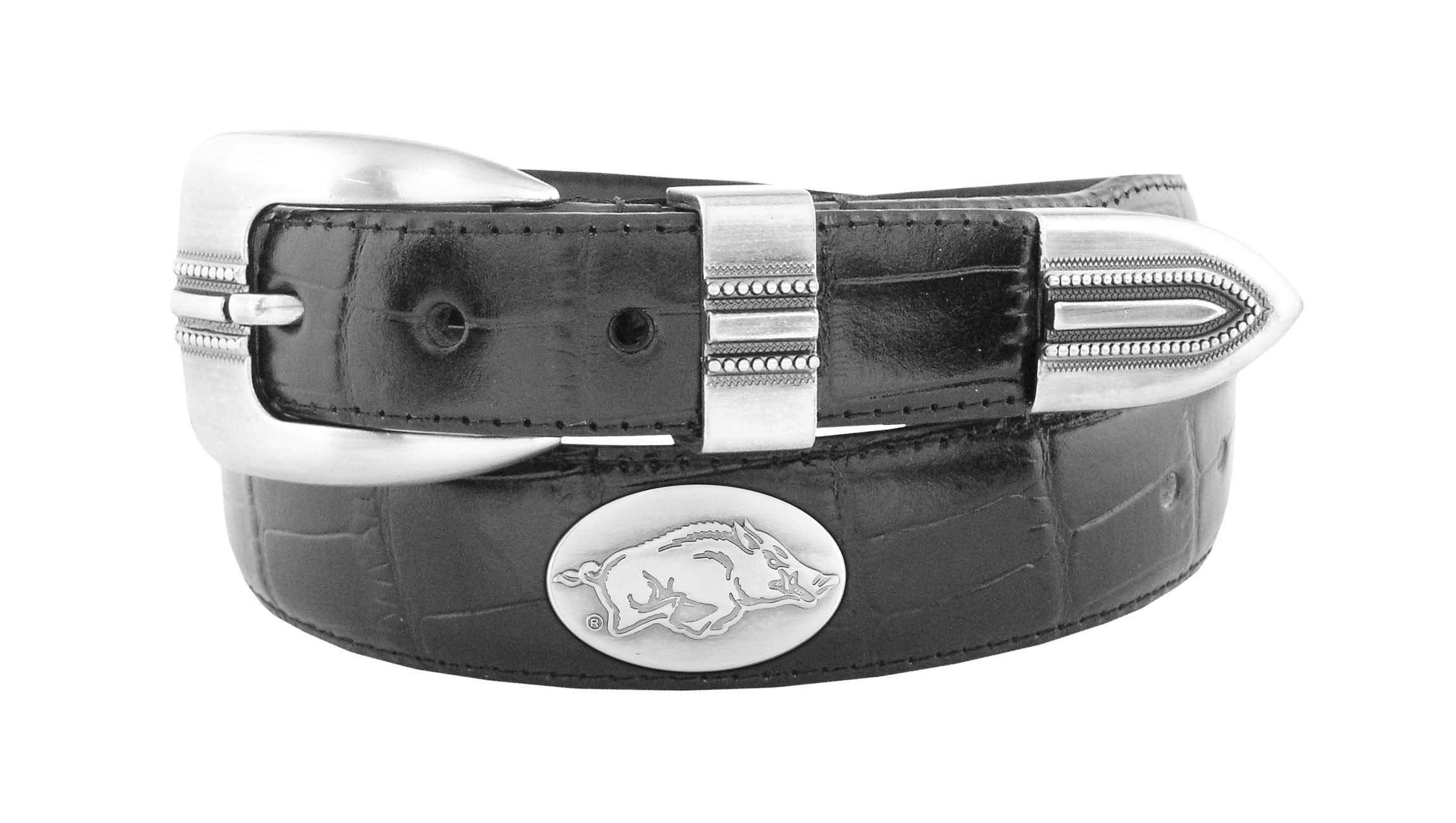 NCAA Arkansas Razorbacks Zep-Pro Crocodile Leather Concho Tapered Tip Belt