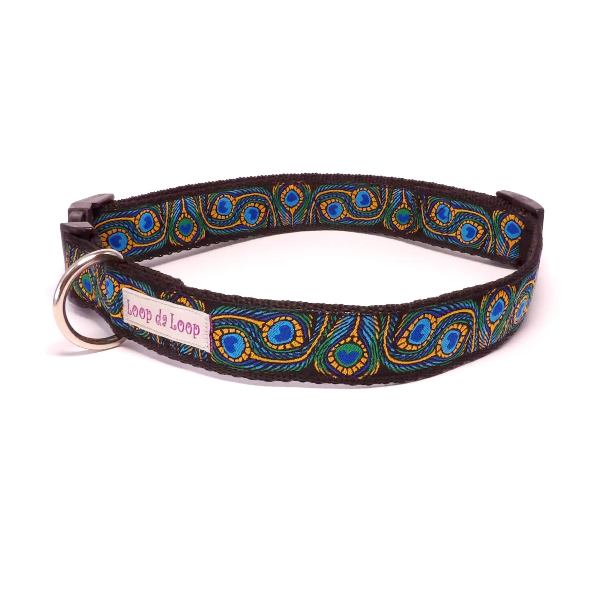 Loop-da-Loop peacock feather dog collar (Med Wide - 14-20", 1" wide)
