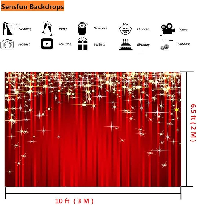 Fondo Fotográfico Sensfun 10x6.5 pies Rojo Brillante con Estrellas Doradas miniatura 3