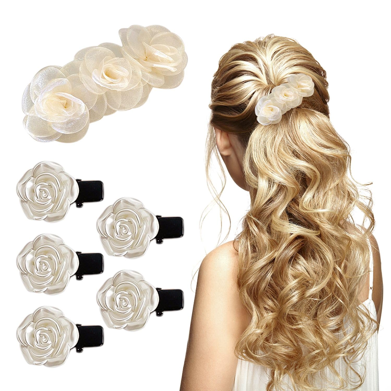 1 horquilla de camelia, 5 horquillas pequeñas, horquillas hechas a mano para niñas, tiara blanca, flores para el pelo