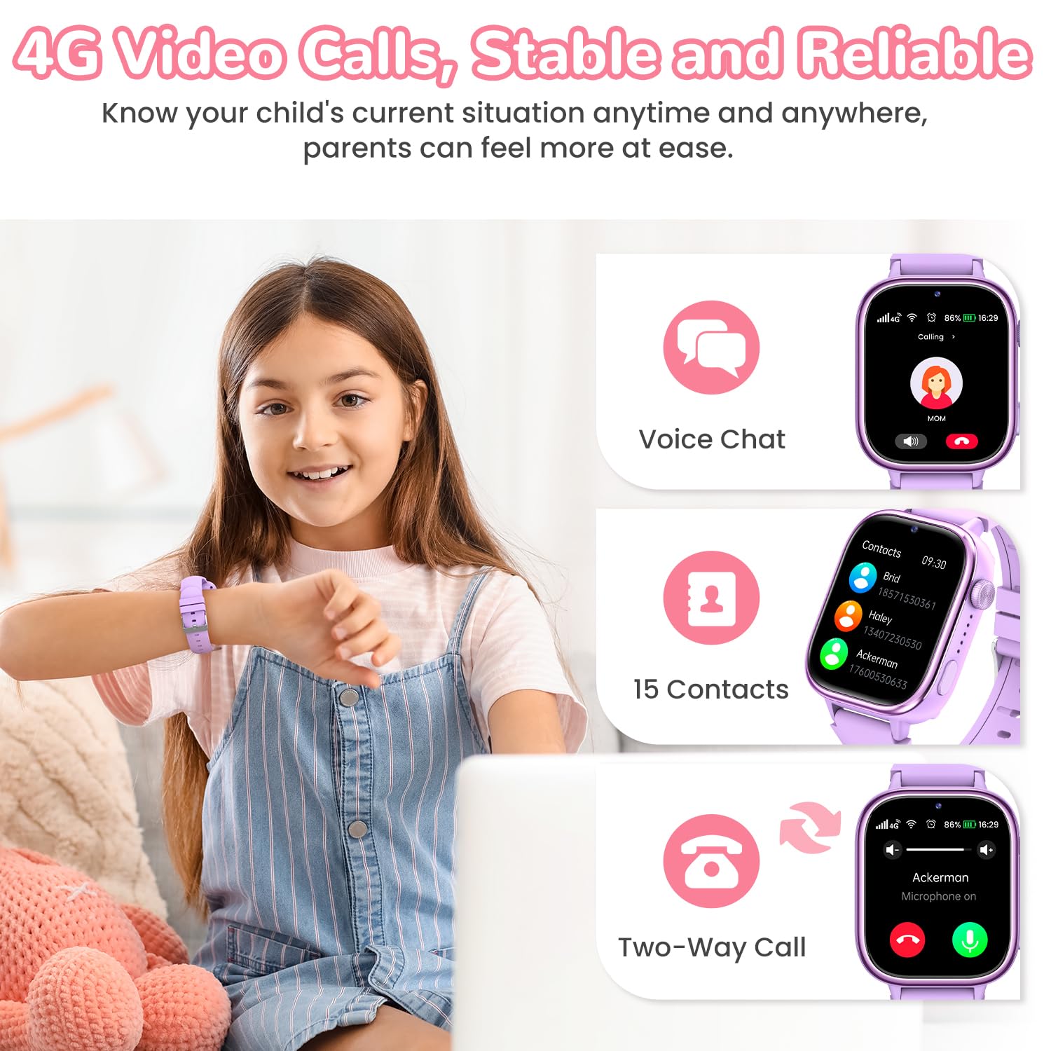 Minilandia 4G Smartwatch Bambini, Orologio Telefono Bambini con Videochiamate/GPS/SOS/Chat Vocale, Modalità Scuola, Sveglia, Contapassi, IP68 Impermeabile Smart Watch per Ragazzi Ragazze, Regalo Viola