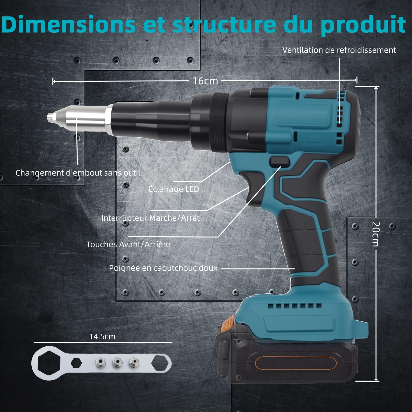 Pince à riveter sans balais avec lumière LED, compatible avec les batteries Makita Li-Ion 18 V, idéale pour les chantiers, les réparations automobiles et le bricolage, sans batterie
