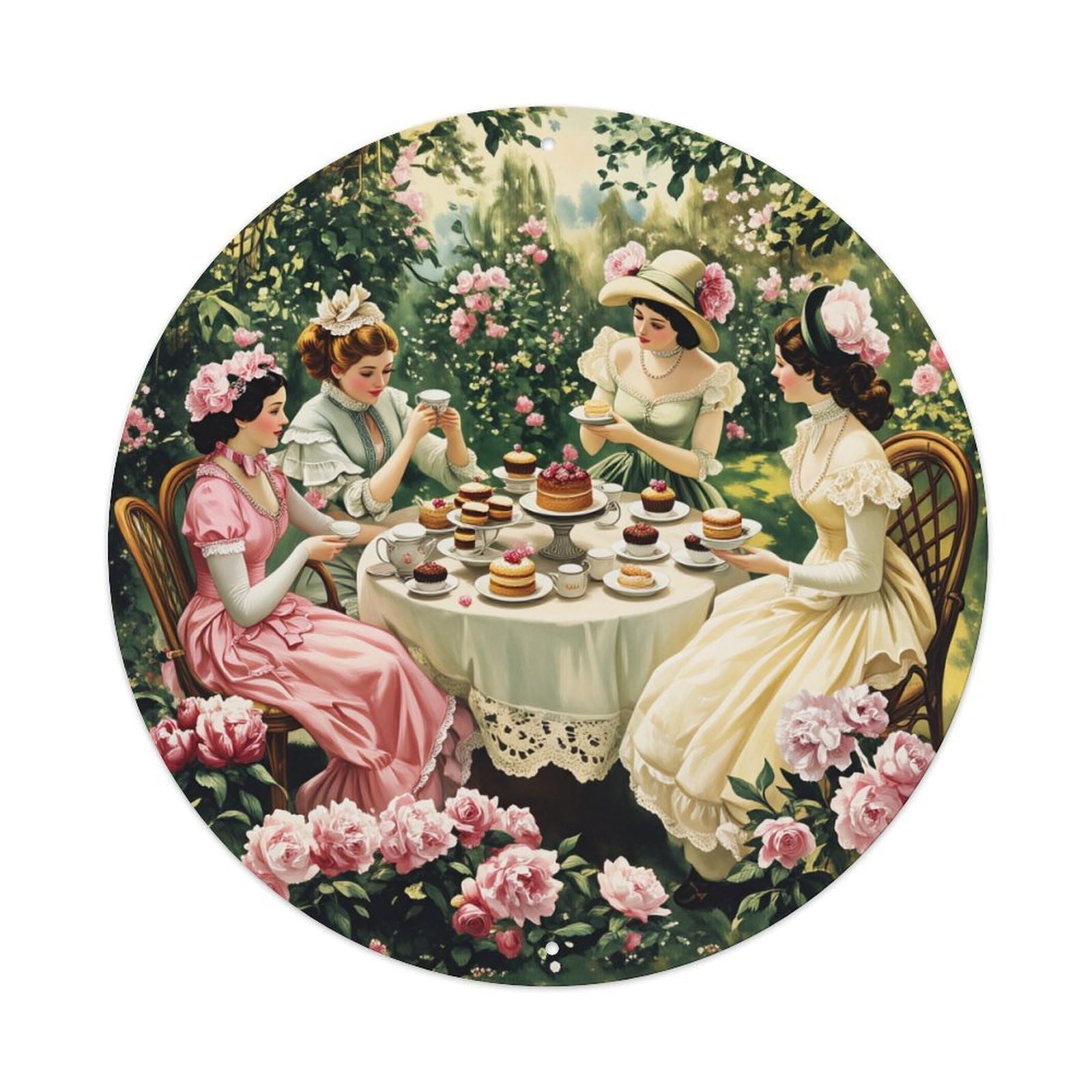 Garden Tea Party Ladies Roses Round Tin Sign Vintage Metal Poster, Home Bar Garage Man Cave Cafe Indoor & Outdoor Wall Decoration 8x8Inches