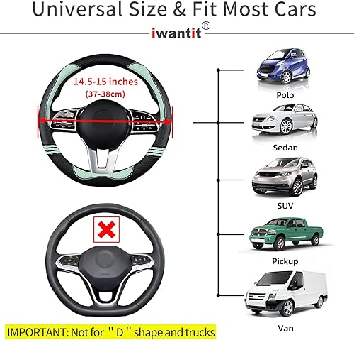 Miniatura 6 de Iwantit Funda para volante con fibra de carbono y anillo de goma antideslizante, ajuste universal de 14.5 a 15 pulgadas para automóviles, SUV (verde
