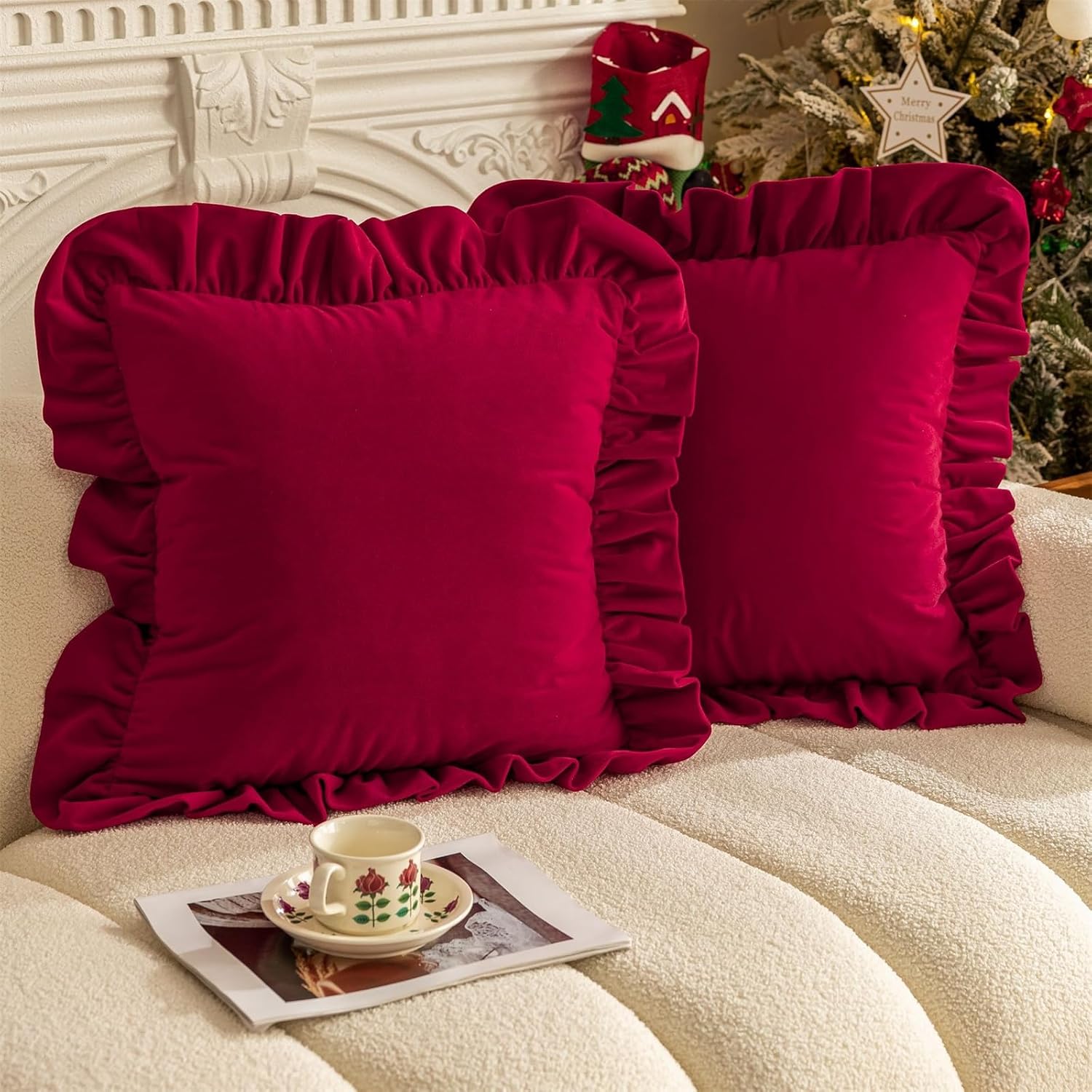 Red Christmas Throw Pillow Covers Set of 2, 18×18 inch Ruffled Velvet Decorative Throw Pillow Covers Square Boho Cushion Covers for Sofa Couch Bed Living Room Christmas Decoration
