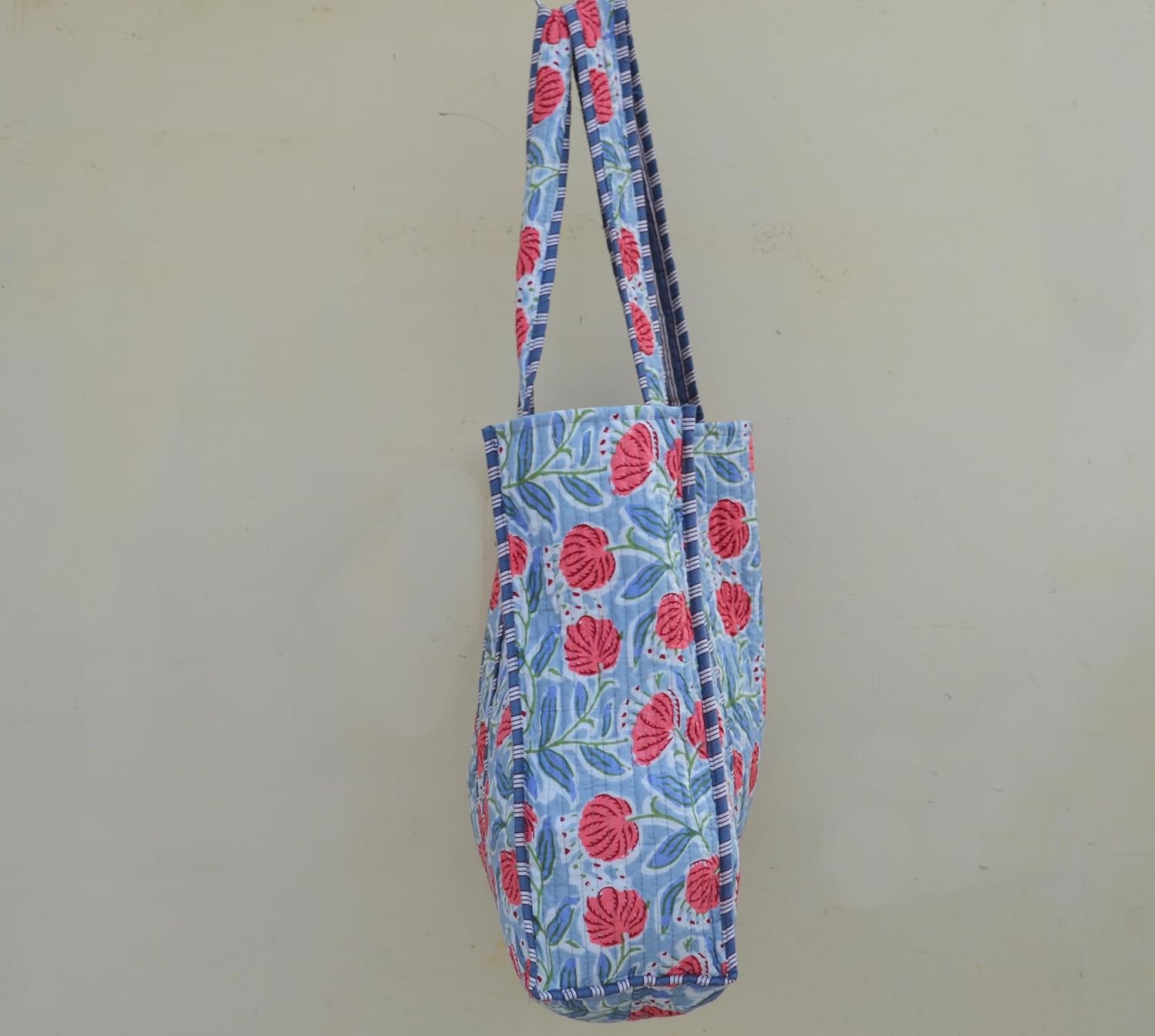 Red Floral Print Indian Handmade Cotton Grey Colour Block Print Shopping Tote Bag, Shopping Bag,Quilted Shopping Bag, Pic Nic Storage Beach Bag