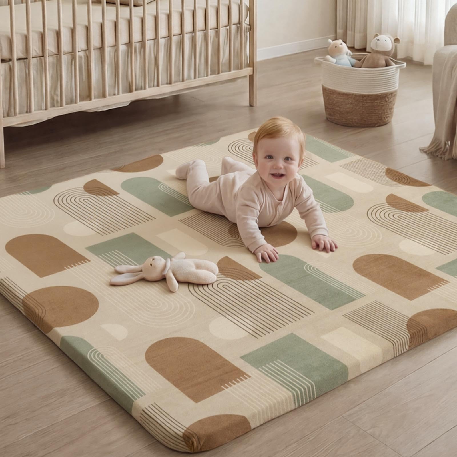 Photo 1 of Blissful Diary 1.3" Thick Baby Play Mat, 50x50 Playpen Mat with Removable & Washable Cover, Ultra Soft Crawling Rug for Floor, Foam Cushion & Non-Slip Backing for Kids, Toddlers, Earth Tone Rainbow
