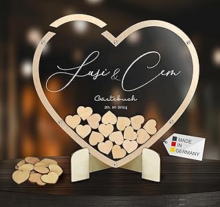Gästebuch aus Holz und Acrylglas transparent zur Hochzeit, personalisiert, Wunschgravur, inkl. Herzen