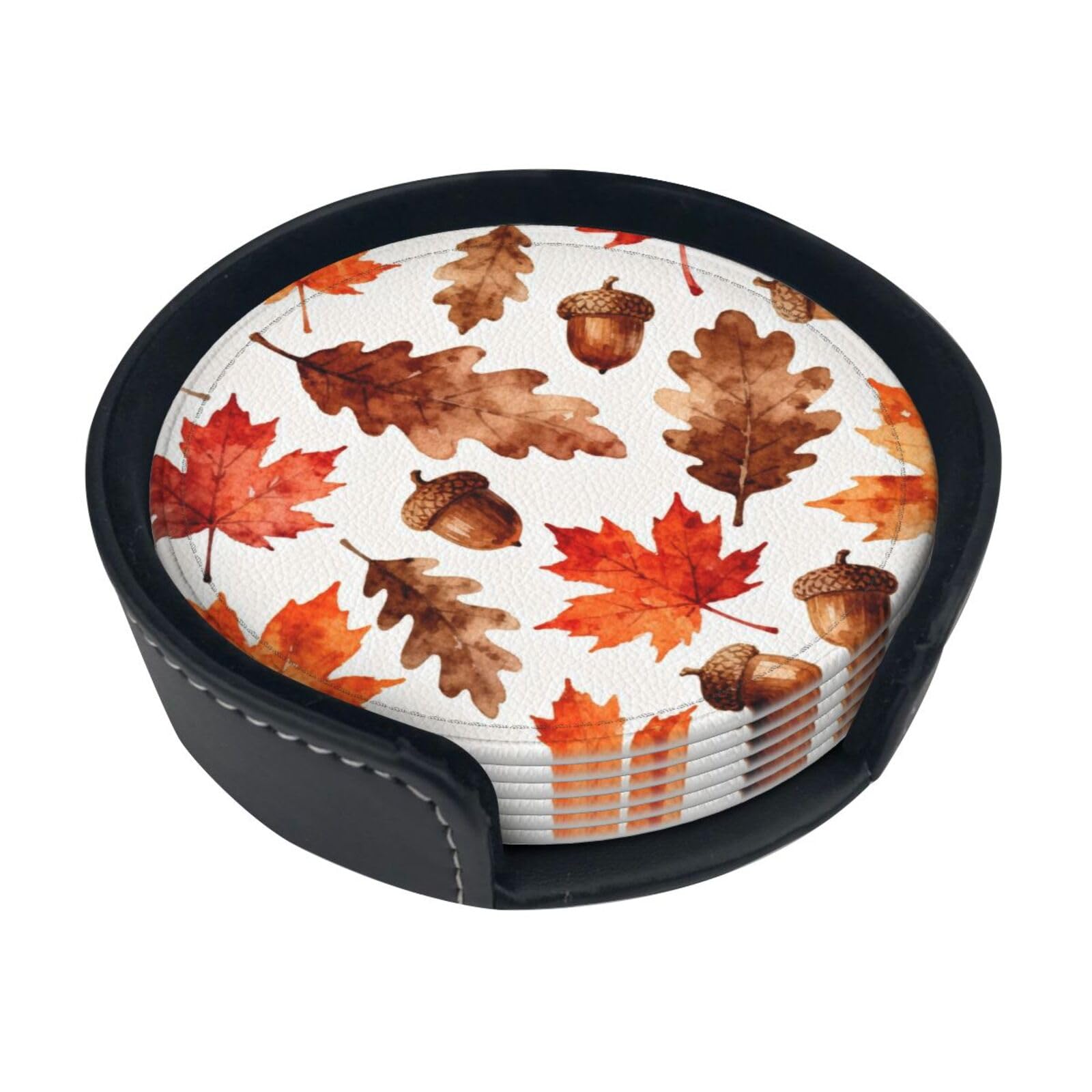 Cntdbu White Maple Acorn Fall Leather Coasters Set Of 6-Pu Leather Drink Mats For Table, Heat Resistant Round Coasters With Holder