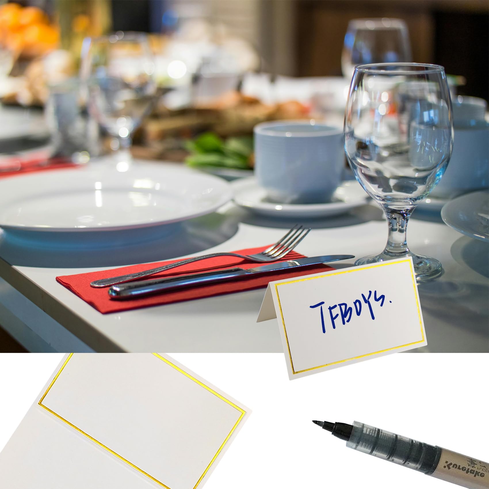 Paquete de 50 tarjetas de lugar, tarjetas de nombre blancas de 2 x 3.3 pulgadas con borde de lámina dorada para mesa, bodas, cenas (50)