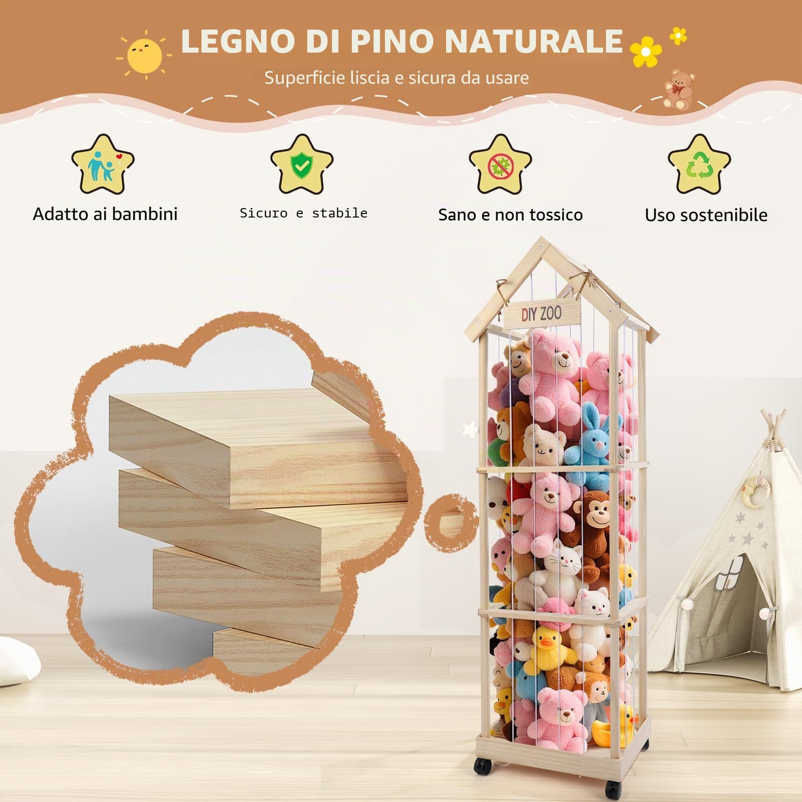 Sunowl Porta Peluche in Legno Massello, Portapeluche con Ruote Frenate a 360°,146 * 47 * 35cm, Conserva e Protegge i Peluche, per le Camere dei Bambini, le Sale Giochi, i Soggiorni, ecc.（Con tetto）