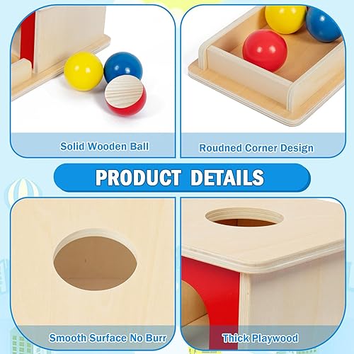 Miniatura 4 de Adena Montessori Juguete de madera para bebés de 6 a 12 meses, 3 bolas, caja de permanencia de objetos con puerta roja, juguete educativo colorido