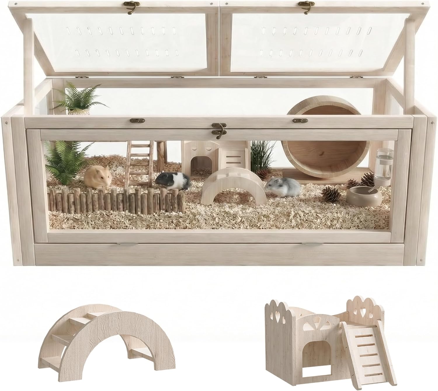 Wooden Hamster Cage with Small House and Bridge, Hamster Habitat with Lockable Design, Small Animal Habitat with Openable Top and Front Doors for Gerbil Guinea Pig Rat, 38" L*16" W*16" H