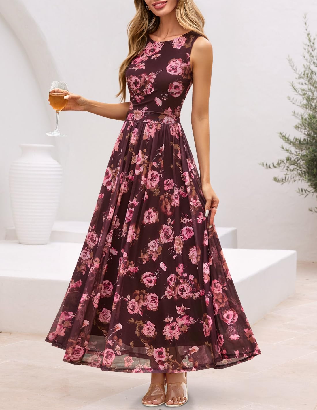 ZESICA Women's Summer Sleeveless Floral Maxi Dress 2026 Casual Crewneck Mesh A Line Flowy Boho Beach Party Long Dresses - Image 4