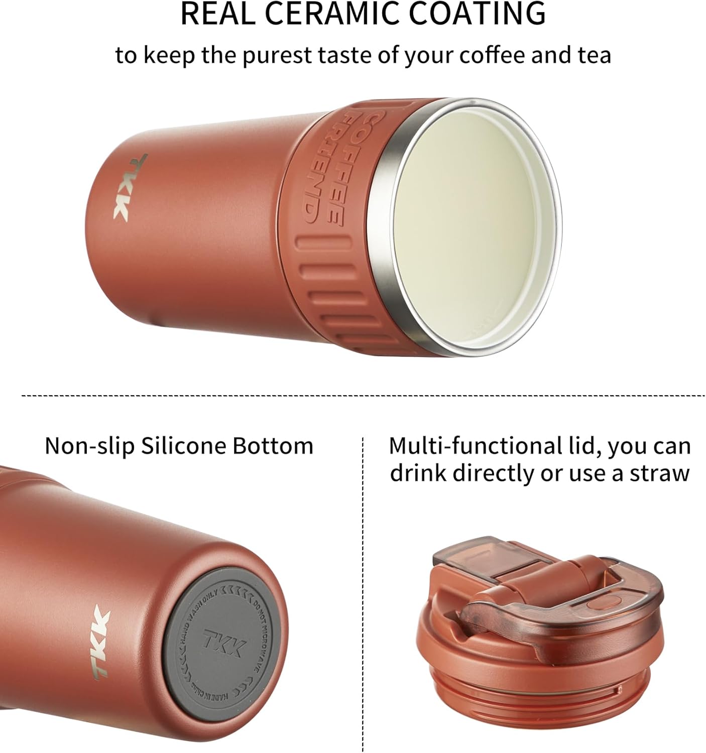 TKK Insulated Coffee Mug with Ceramic Coating, 21oz Iced Coffee Tumbler Cup with Straw Lid Double Wall Vacuum Leak Proof Travel Mug with Strap for Hot and Iced Beverage, Red - Image 2