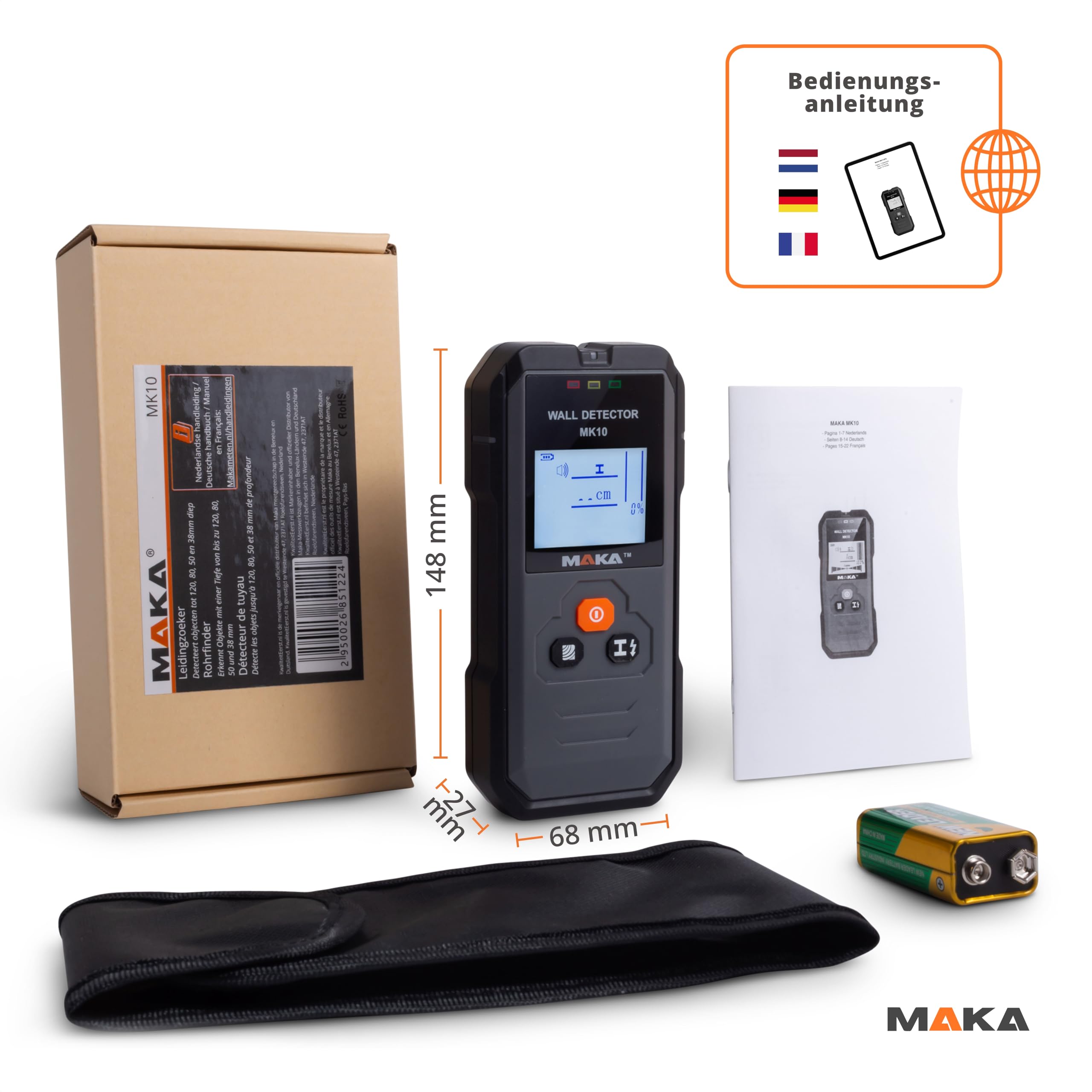 MAKA Digitaler Leitungssucher - Erkennung von Kupfer, Metall, Holz & Wechselstromleitungen bis zu 120 mm mit hörbarer Warnung - Multifunktionaler Wandscanner - Rohrsucher