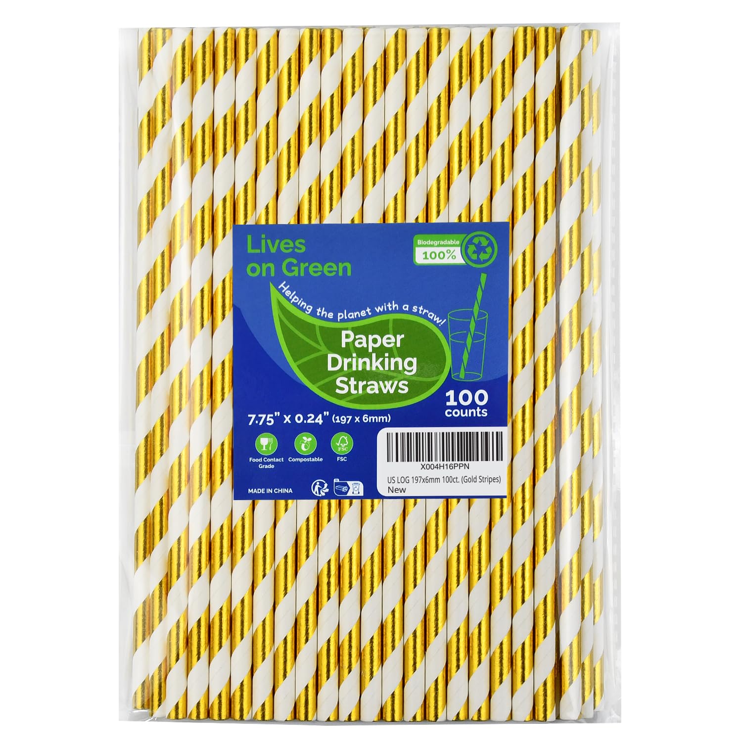 Lives on Green 7.75 inch Gold/White Striped Paper Straws for Drinking 100 Counts for Bar, Restaurant, Wedding, Party - Unwrapped