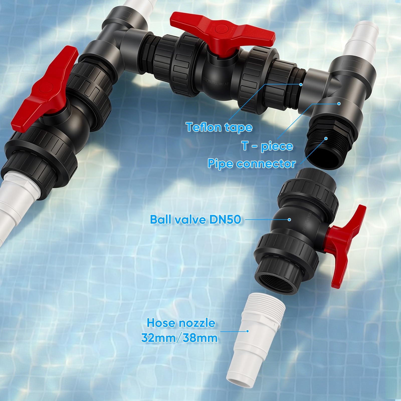 Bypass Pool 50 mm, Pool Anschluss Set mit 32mm & 38mm Schläuchen + Adaptern für Wärmepumpe, Pool Solarheizung Bypass Ventil Set – Steuerung der Wasserzufuhr für optimale Temperaturregulierung