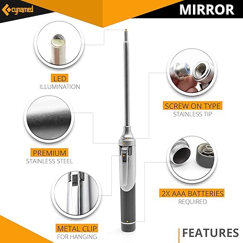 Miniatura 2 de Cynamed Espejo de inspección dental con iluminación LED - Veterinario dental primeros auxilios telescópico difícil de alcanzar espejo oral antivaho