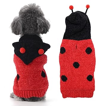 HRTTSY Dog Hoodie Sweater Costume Funny Red Ladybug Jumper Knitwear Warm Puppy Hoodie Coat Apparel Holiday Festive Sweaters Pet Clothes for Small Medium Dogs Cats
