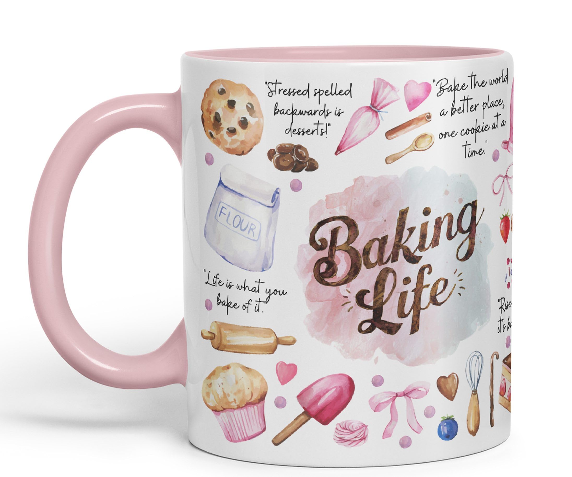 Vixar Baking Life Desserts Bake Joke sarkasm Sarcastic Ceramic Coloured Mug Cup for Tea Coffee Hot Brew 330ml 11Oz Gift (Pink)