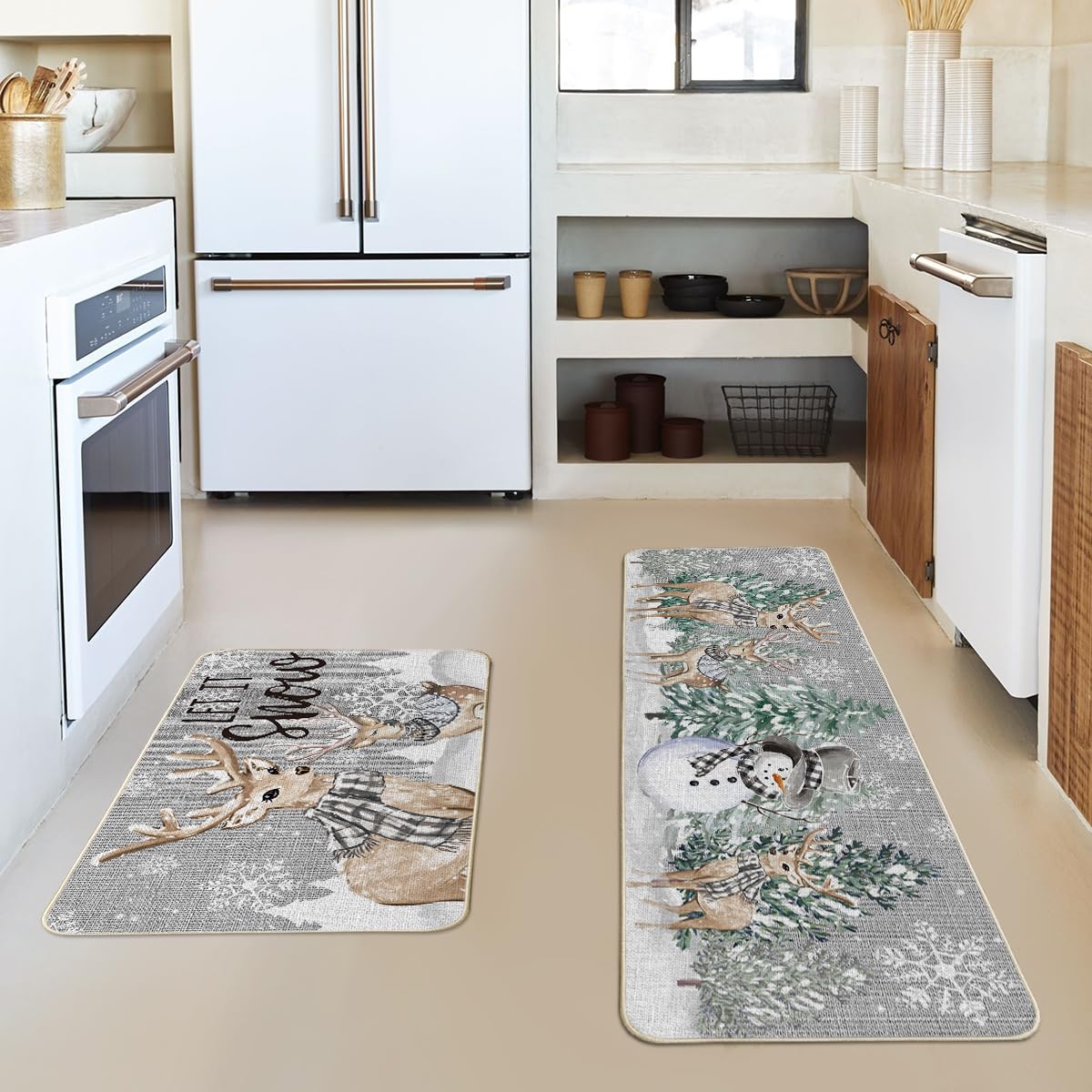 Artoid Mode Deer Tree Let It Sonw Snowflakes Christmas Kitchen Mats Set of 2, Winter Decor Low-Profile Kitchen Rugs for Floor - 17x29 and 17x47 Inch