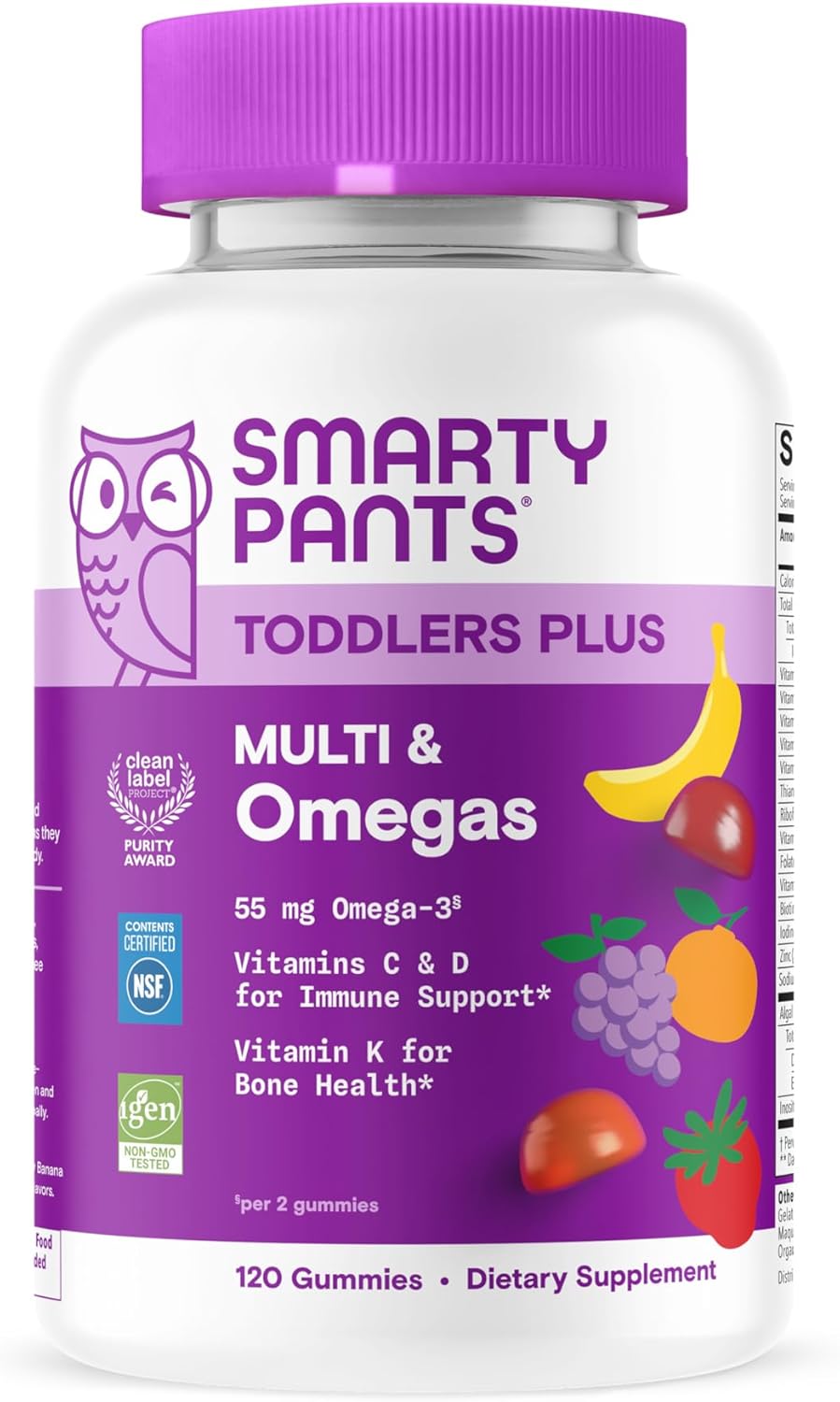 SmartyPants Toddler Multivitamin Gummies, Omega 3 (DHA/EPA), Vitamins D3, C, Vitamin B12, B6, A, K & Zinc, Biotin, Gluten Free, Three Fruit Flavors, 120 Count (60 Day Supply)