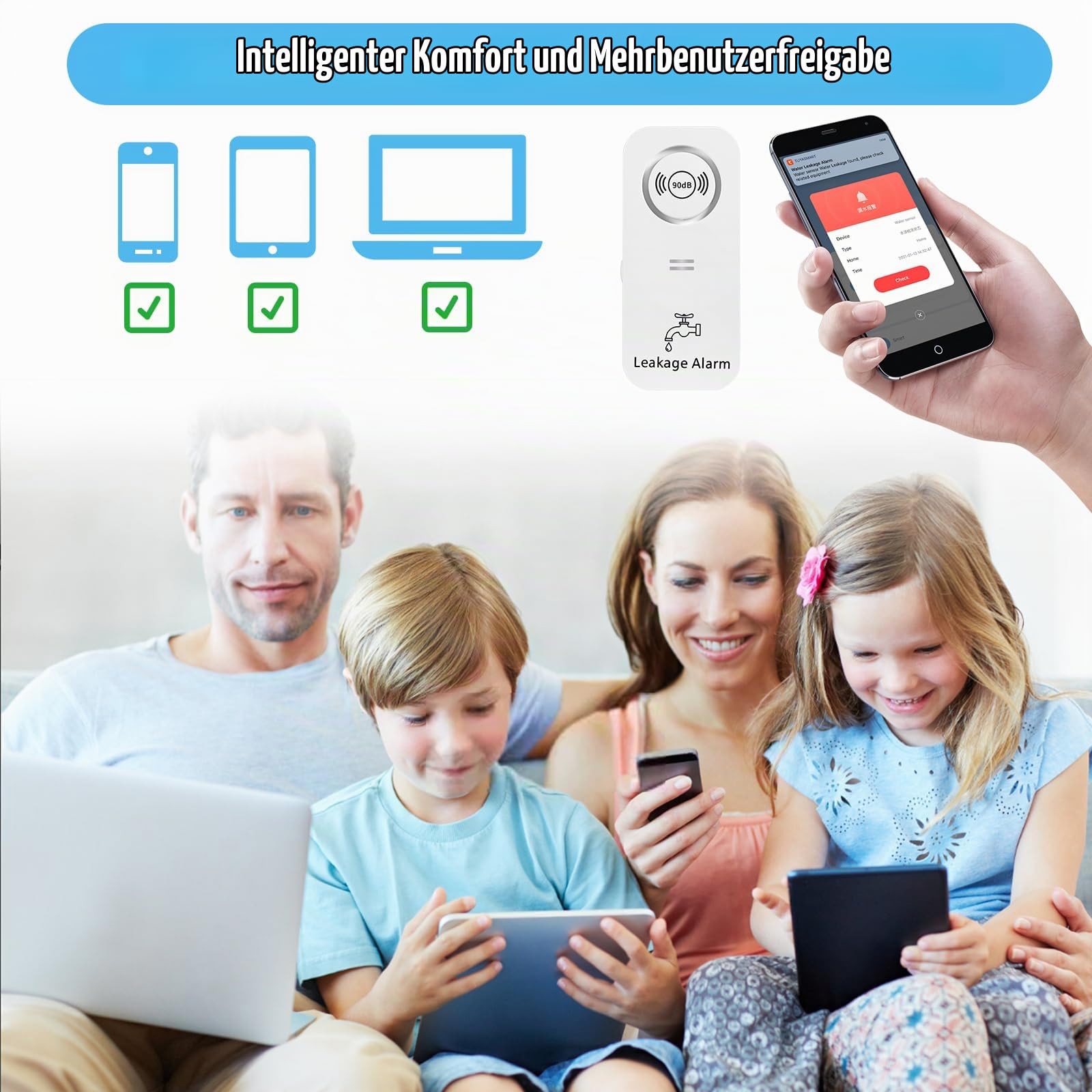 Wassermelder WLAN (2,4 G WiFi), 90 dB WiFi Wassermelder Wasseralarm und App Alarm, Wassersensor Alarm für Rohre, Schlafzimmer, Küche, Badezimmer, Keller (6er-Pack)