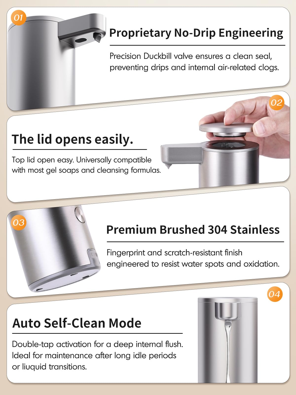 【Automatischer Flüssigseifenspender Touchless】Edelstahl Handseifenspender Auto - Free Touch Elektrischer Seifenspender Wiederaufladbar mit Sensor für Küche, Bad, Gewerbe (Silber)