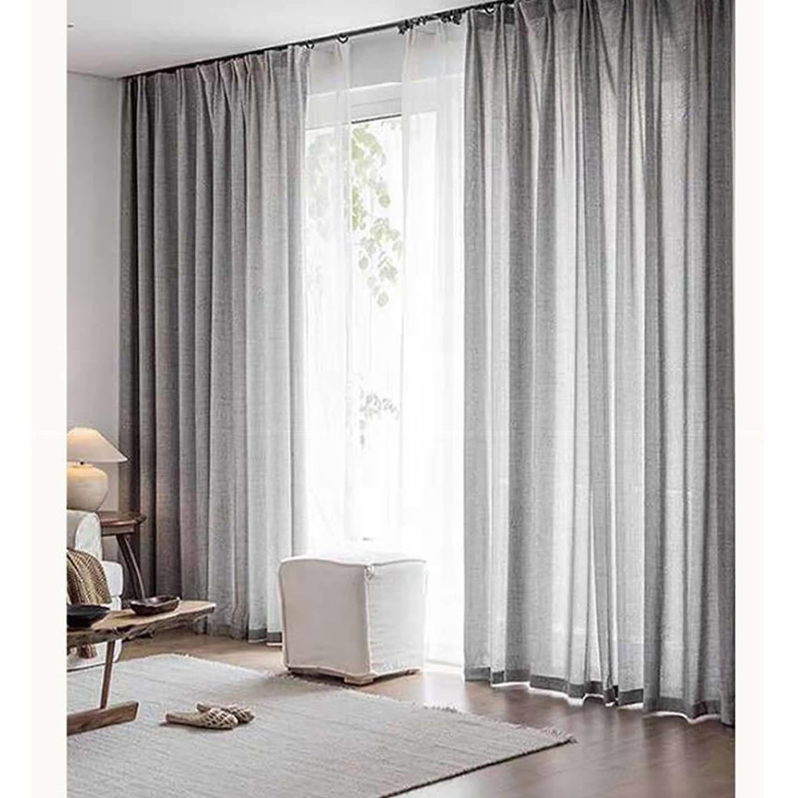 Rideaux semi-transparents chambre et salon aspect lin gris 137x244cm avec crochets