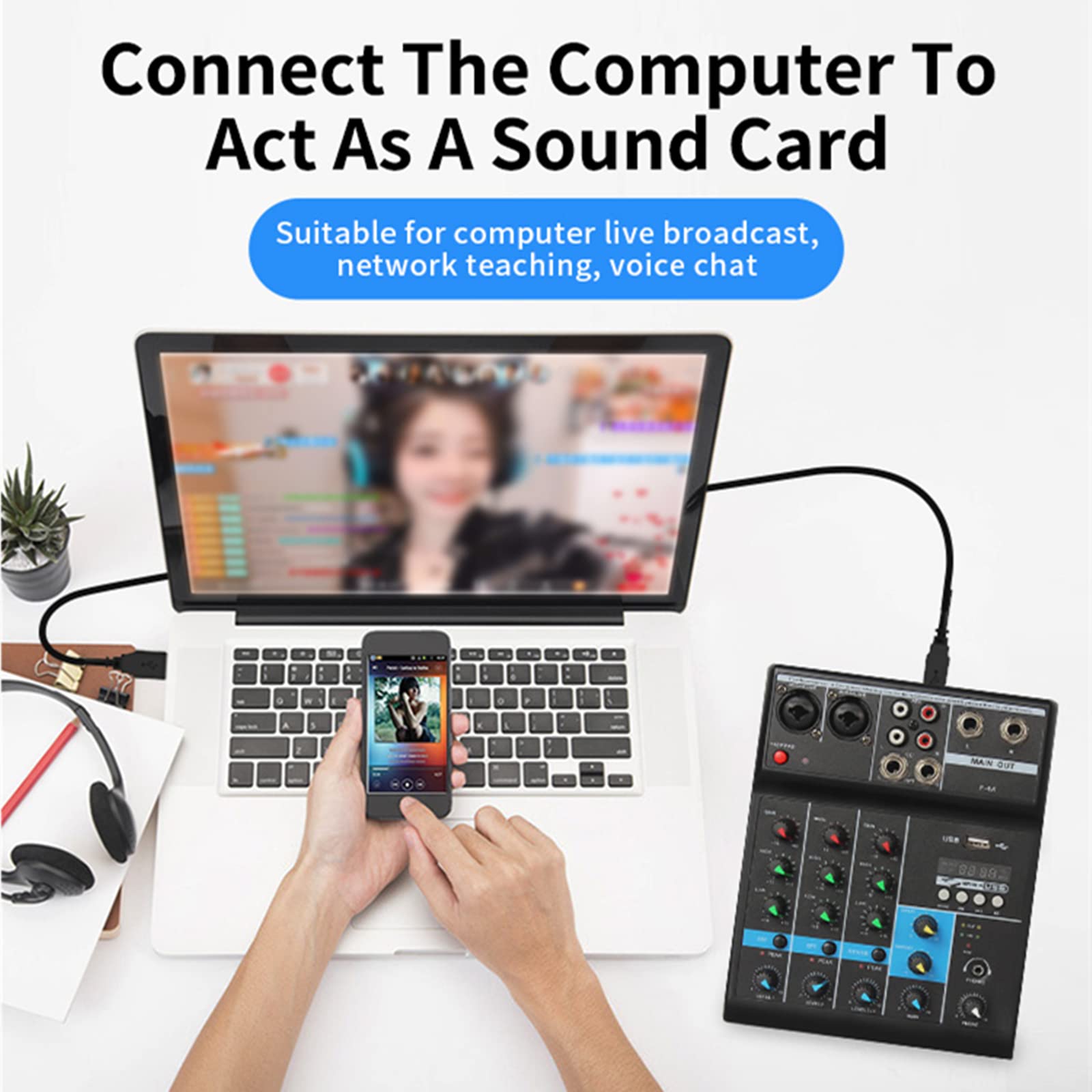 Mezclador DJ 4 Canales USB Con Fuente Fantasma 48V - Ideal Para Grabación, Streaming Y Conciertos En Vivo