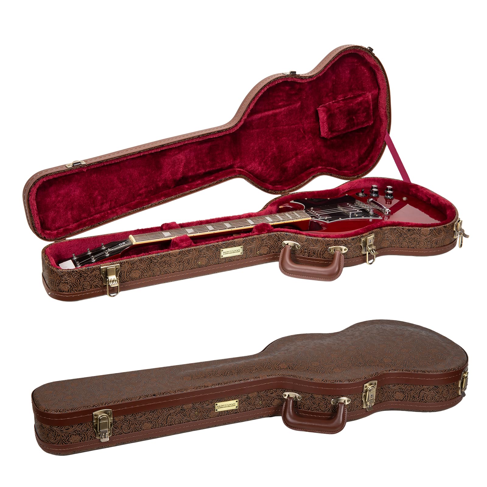 Crossrock étui Rigide en Bois pour Guitare électrique Gibson SG, Similicuir Marron Blossom, intérieur en Velours Bordeaux, Serrure – Série Designer CRW530SGBQ