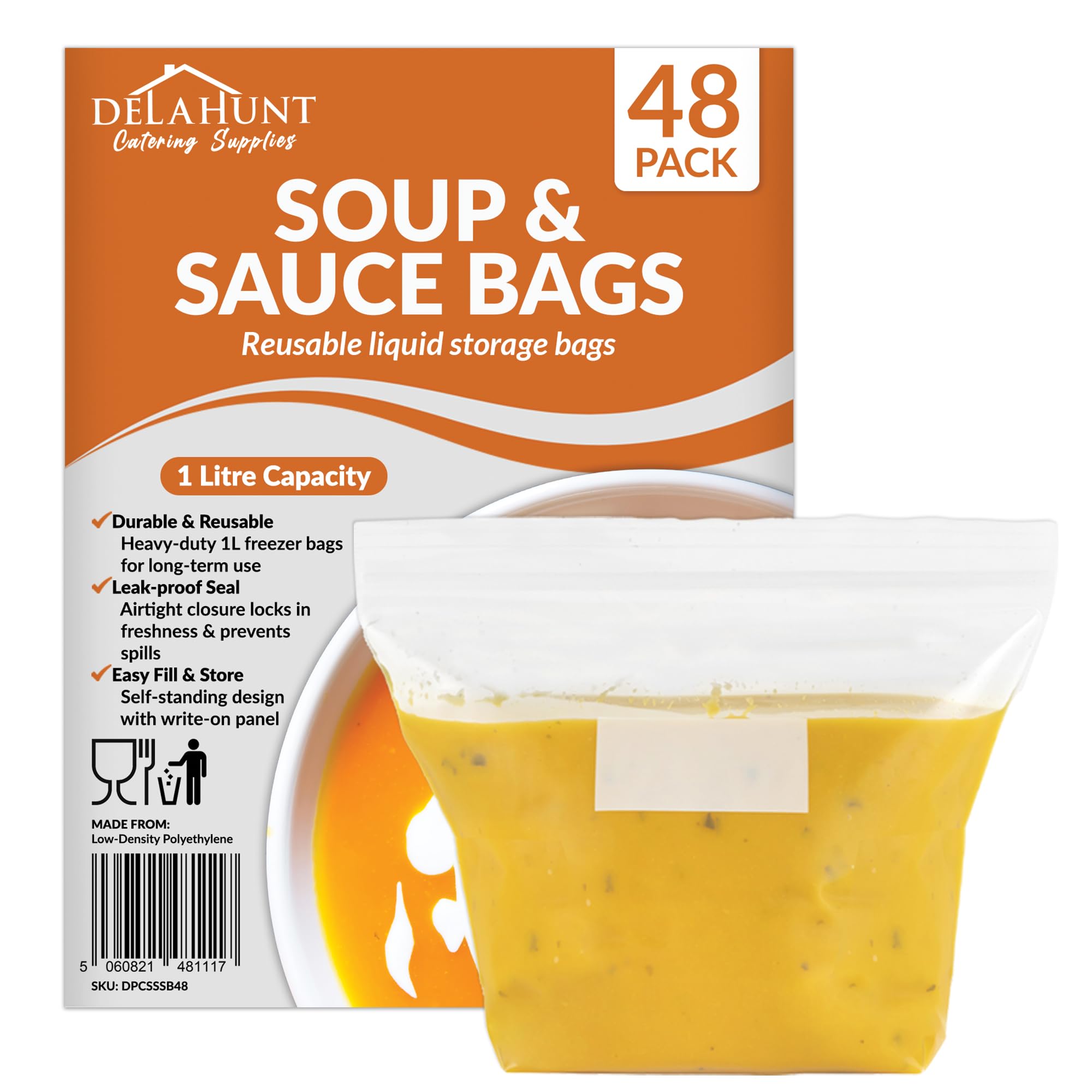 Delahunt Catering Supplies Clear 1 Litre Reusable Freezer Bags [48 Pack] - Bpa-Free, Leakproof & Stand-Up Press Seal Storage Bags | Heavy-Duty Meal Prep Bags For Soup, Sauce, Broth, Smoothies, Batch Cooking & Freezer Storage