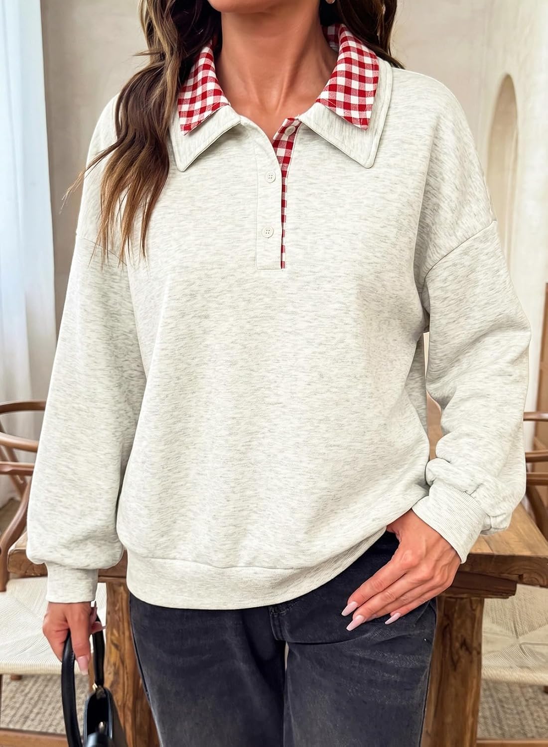 Dokotoo Women's 2026 Fall Collar Neck Plaid Pullover Sweatshirt Loose Tops image 3